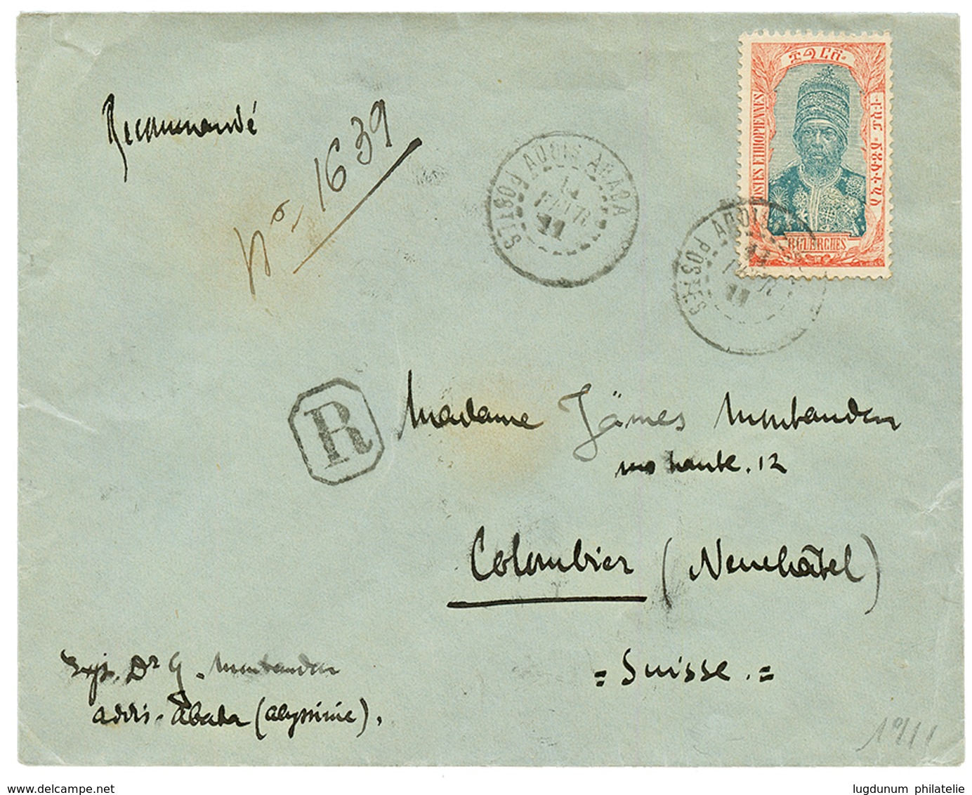 1911 8g Canc. ADDIS ABABA POSTES (french Type) On REGISTERED Envelope To SWITZERLAND. Scarce. Vvf. - Ethiopia