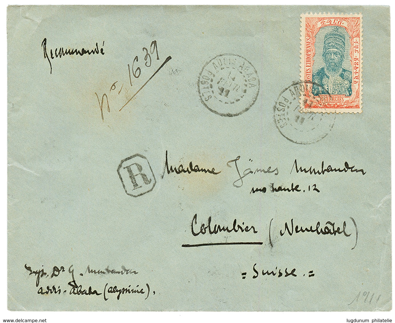 1911 8g Canc. ADDIS ABABA POSTES (french Type) On REGISTERED Envelope To SWITZERLAND. Scarce. Vvf. - Ethiopie