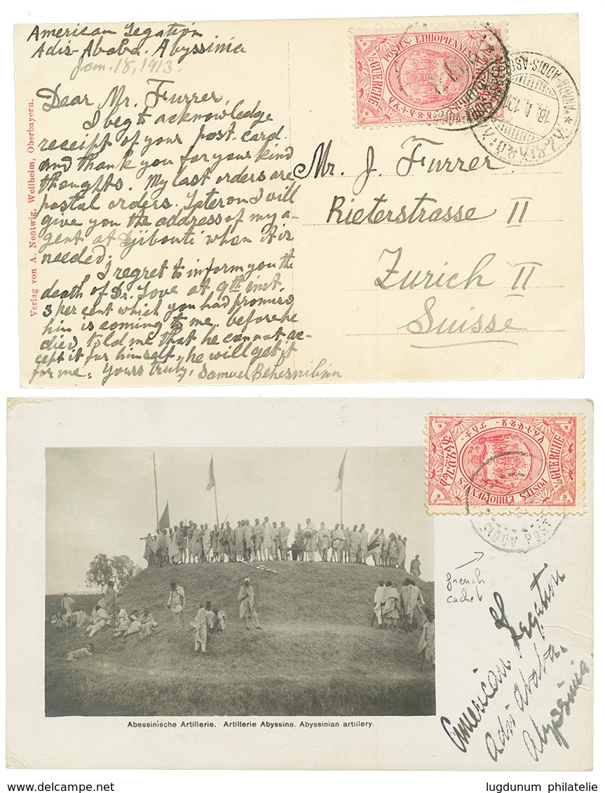 "AMERICAN LEGATION ABYSSINIA" : 1910/13 2 Cards With 1/2g From AMERICAN LEGATION ADIS-ABEBA To SWITZERLAND. Vf. - Ethiopia