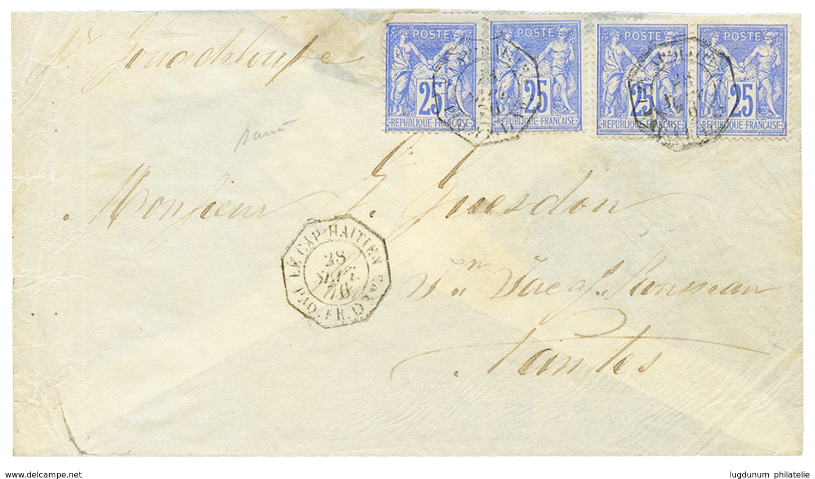 HAITI - MARITIME French Line : 1876 FRANCE 25c(x4) Canc. LE CAP-HAITIEN PAQ FR. D On Envelope To FRANCE. 1 Stamp With Sm - Haití