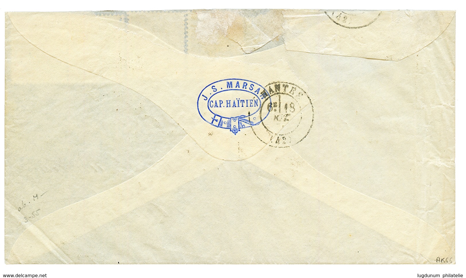 HAITI - MARITIME French Line : 1876 FRANCE 25c(x4) Canc. LE CAP-HAITIEN PAQ FR. D On Envelope To FRANCE. 1 Stamp With Sm - Haití