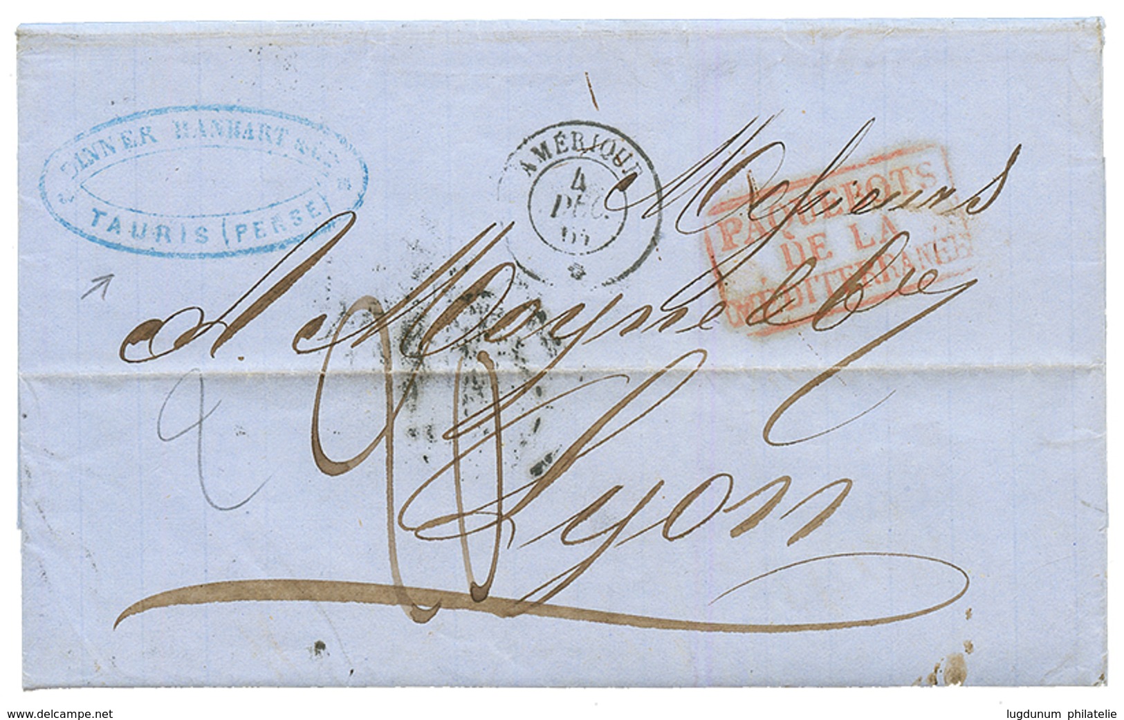 IRAN - PERSIA Via TREBIZONDE : 1861 French Steamship Cachet AMERIQUE 4 Dec 66 + "20" Tax Marking (double Rate) On Entire - Iran