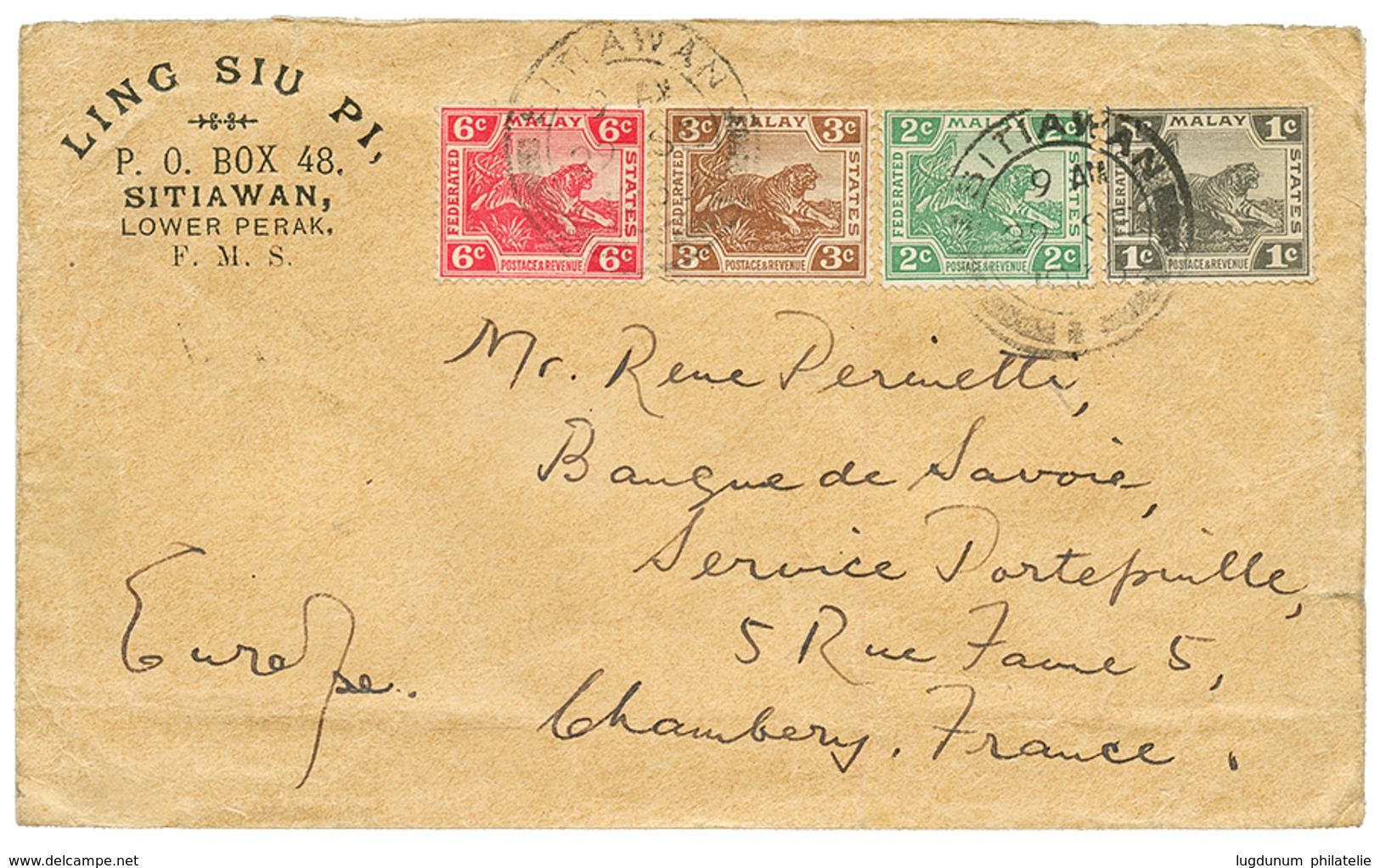 "SITIAWAN - PERAK " : 1930 MALAYA 1c+ 2c+ 3c+ 6c Canc. SITIAWAN On Commercial Envelope To FRANCE. Vf. - Other & Unclassified