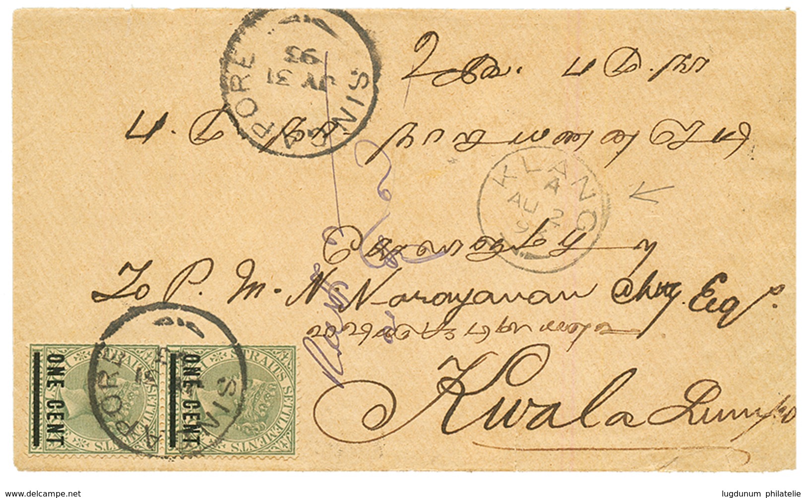 "KLANG" : 1893 STRAITS SETTLEMENTS ONE CENT On 8c(x2) Canc. SINGAPORE + KLANG Cds On Cover To KUALA LUMPUR. Vf. - Otros & Sin Clasificación