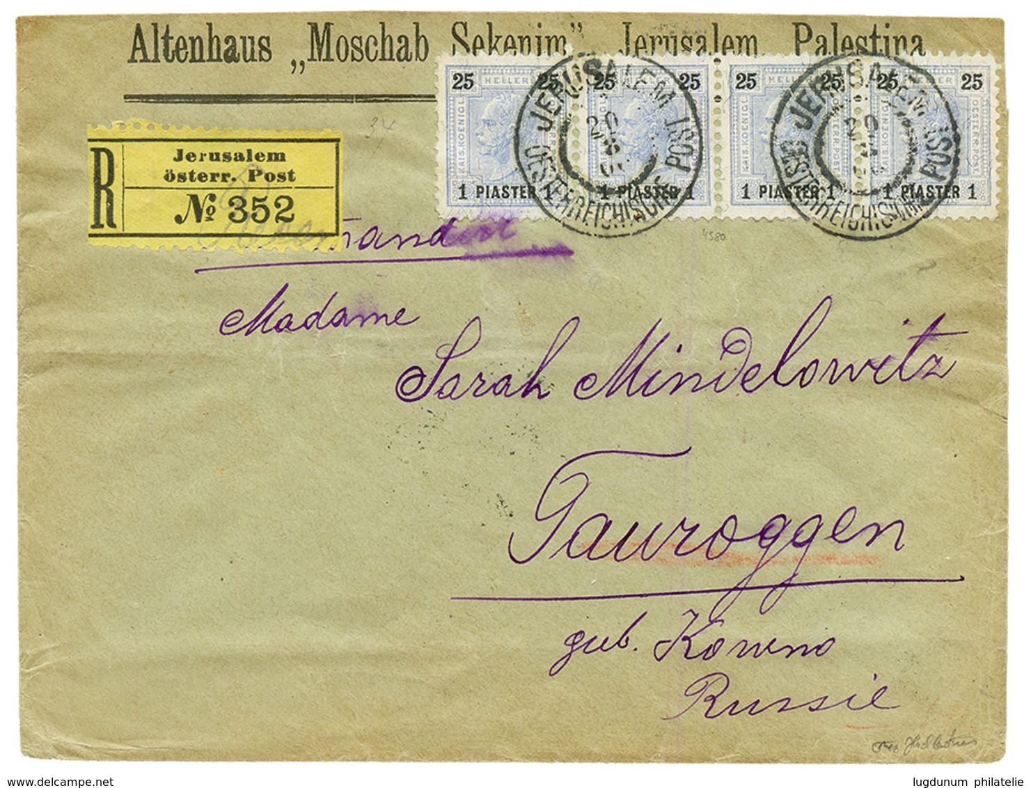 1900 AUSTRIAN LEVANT 1P On 25h Strip Of 4 Canc. JERUSALEM On REGISTERED Envelope Via VARSOVIE To TAUROGGEN KOWENO (RUSSI - Palestina