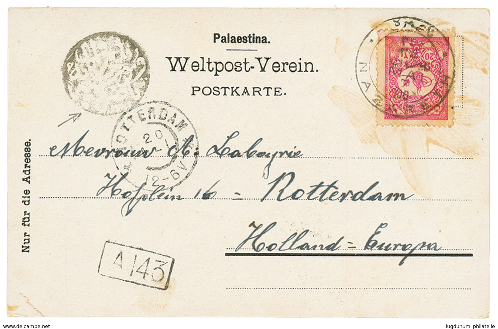 1900 TURKEY 20p Canc. NAZARETH + Rare Negativ Cachet On Card To HOLLAND. Vvf. - Palestine