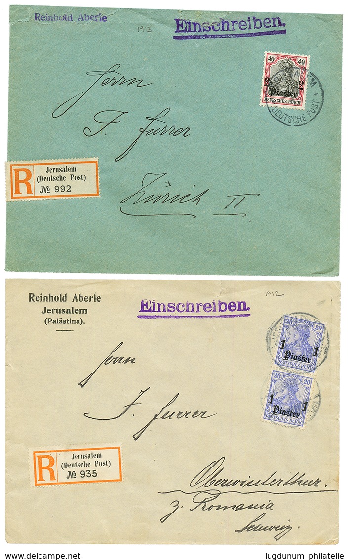 JERUSALEM - GERMAN P.O : 1912 1P On 20pf(x2) On REGISTERED Cover To SWITZERLAND And 1913 2P On 40pf On REGISTERED Cover  - Palestine