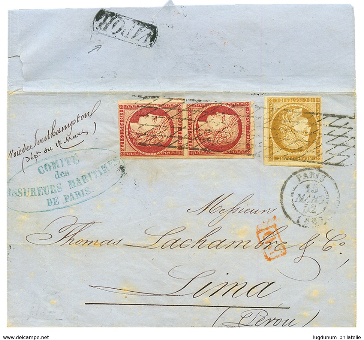 "VAPOR" : 1852 FRANCE First Issue 10c (large Margins) + Pair 1F (touched) Canc. On Entire Letter From PARIS To LIMA. Ver - Pérou