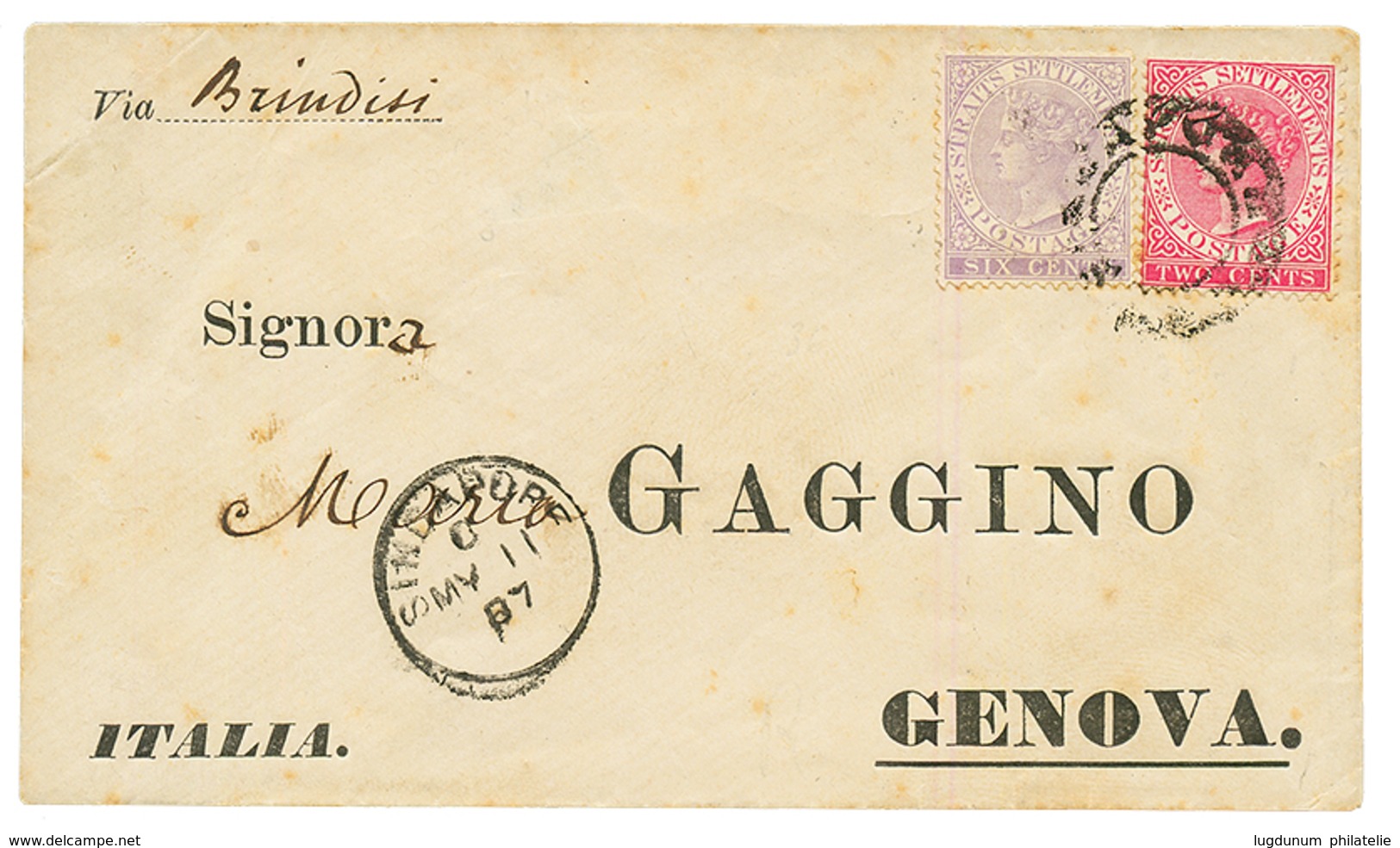 1887 STRAITS SETTLEMENTS 2c + 6c On Envelope From SINGAPORE Via BRINDISI To ITALY. Vf. - Straits Settlements