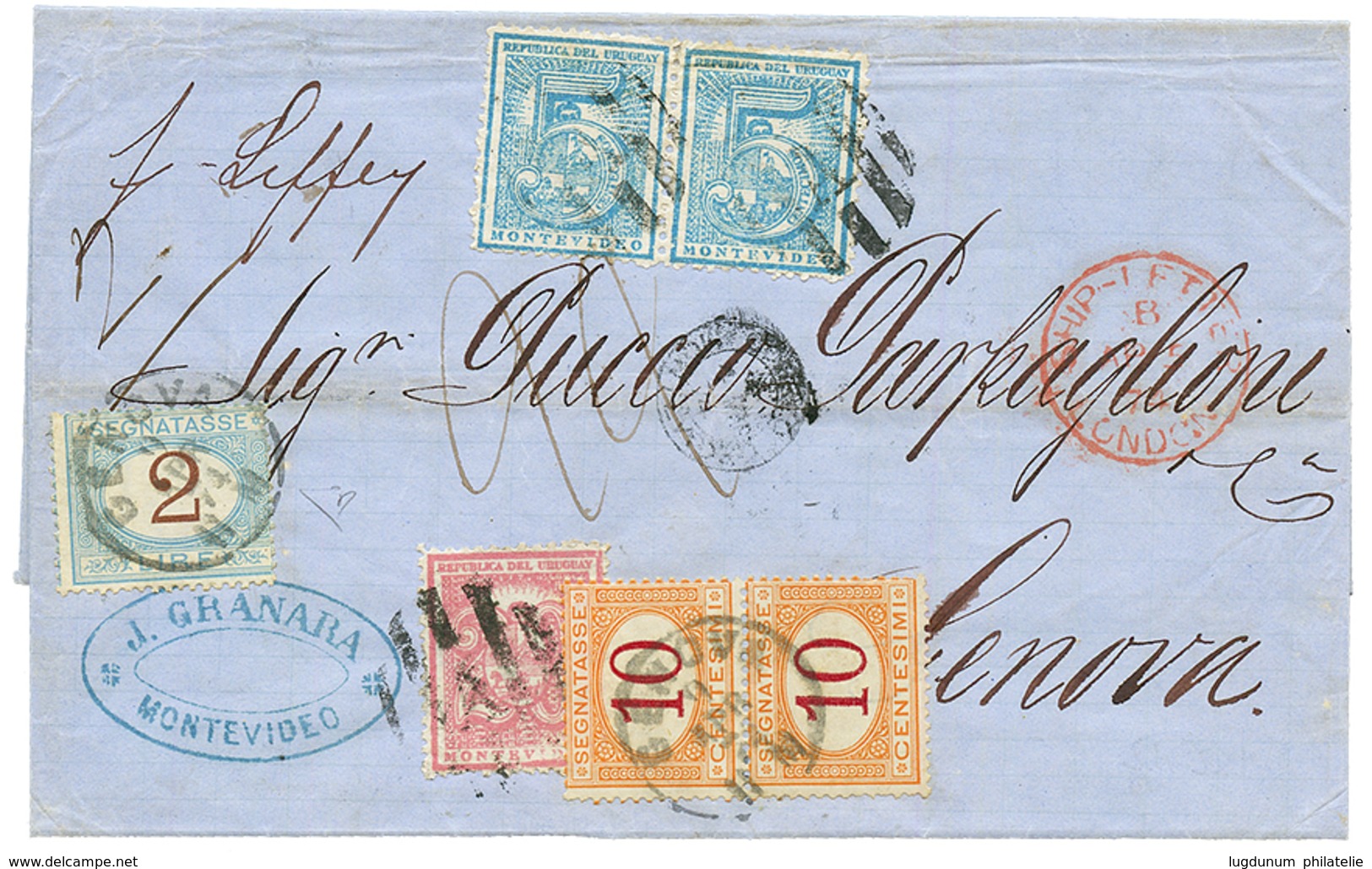 1874 URUGUAY 5c (x2) + 20c Canc. On Entire Letter From MONTEVIDEO To ITALY Taxed On Arrival With ITALIAN POSTAGE DUES 10 - Uruguay