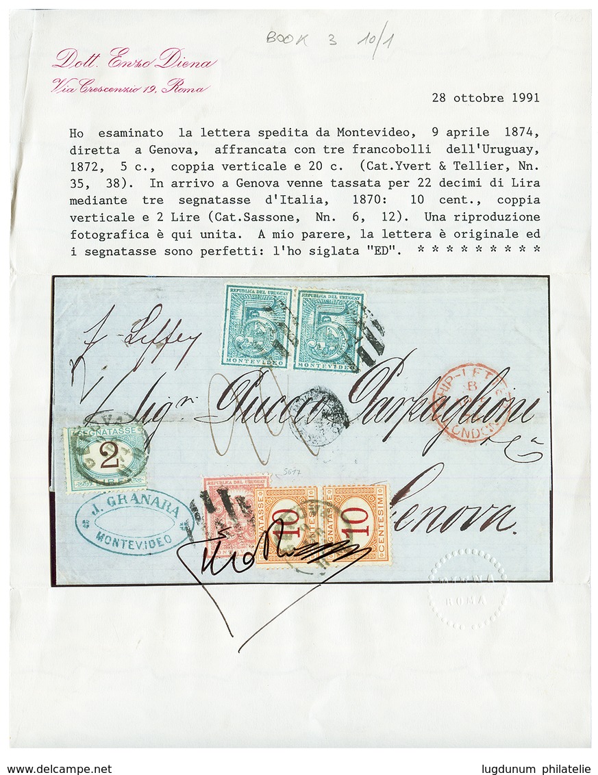 1874 URUGUAY 5c (x2) + 20c Canc. On Entire Letter From MONTEVIDEO To ITALY Taxed On Arrival With ITALIAN POSTAGE DUES 10 - Uruguay