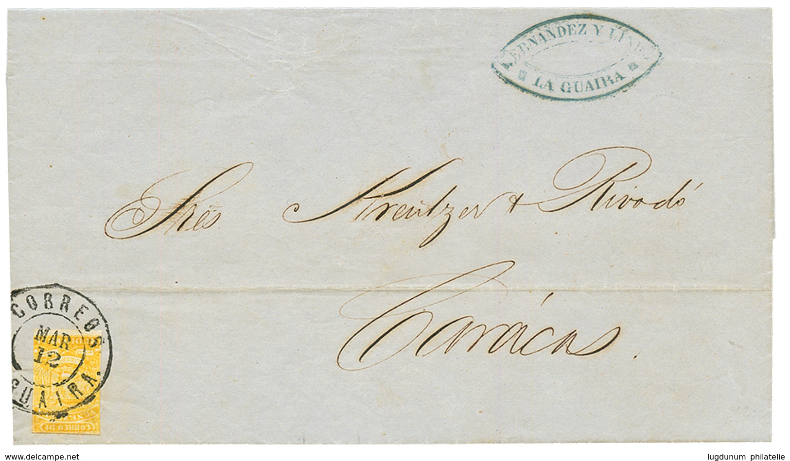 1861 1/2R Canc. CORREOS LA GUAIRA On Entire Letter To CARACAS. Vf. - Venezuela