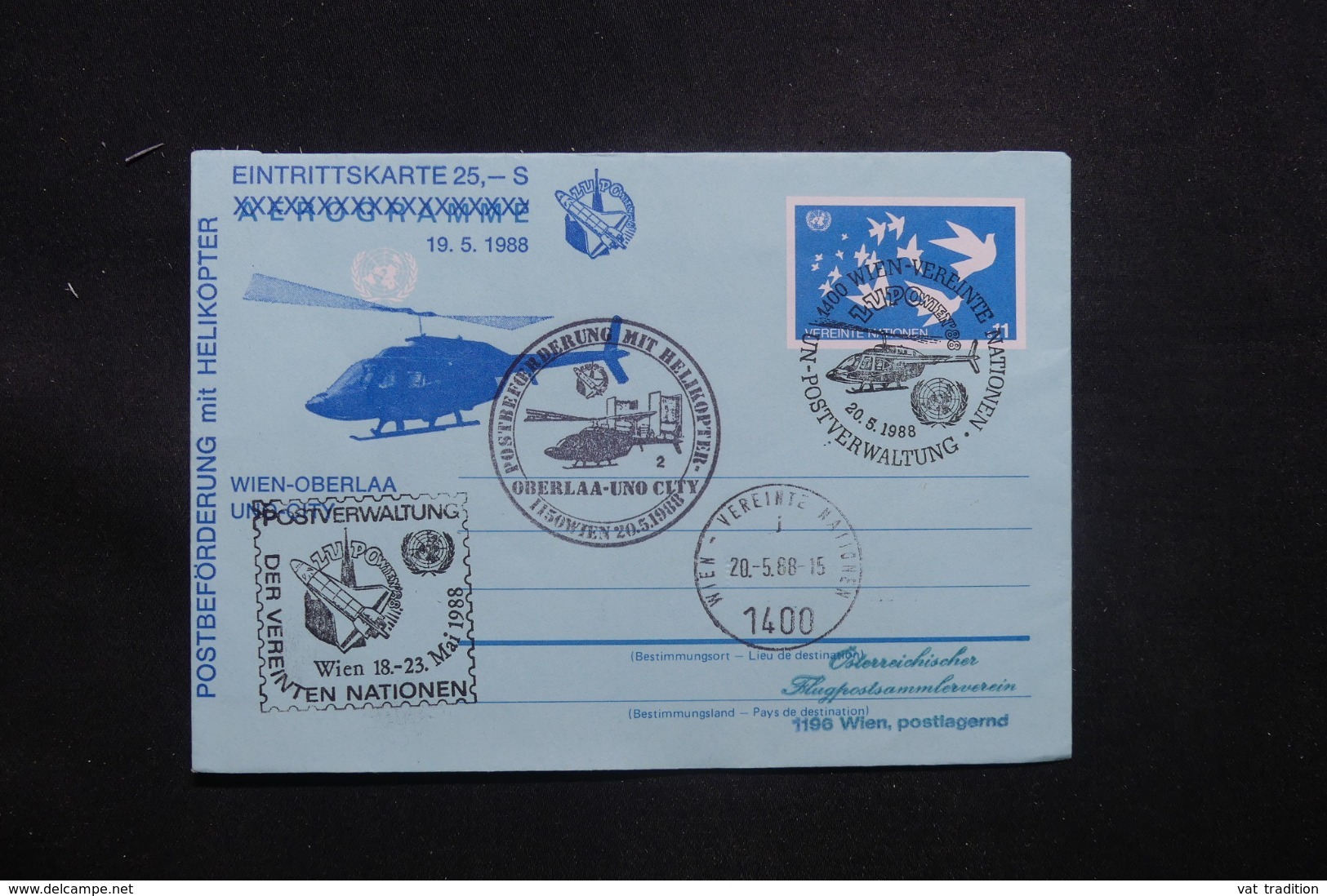 O.N.U. - Aérogramme De Wien Par Hélicoptère En 1988,  Oblitérations Plaisantes - L 42367 - Storia Postale