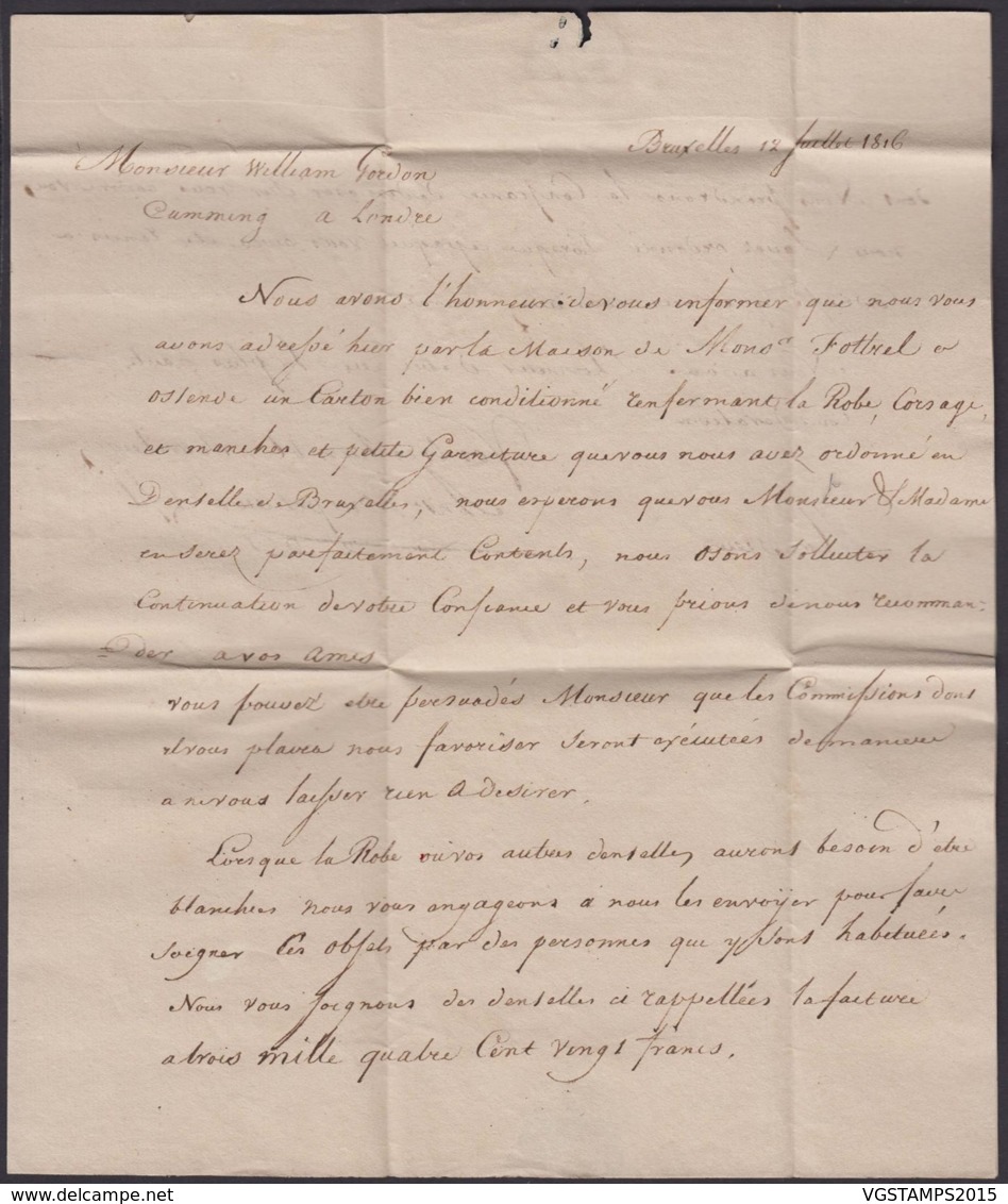 BELGIQUE LETTRE DATE DE BRUXELLES 1816 "BRUSSEL FRANCO"VERS LONDRES REDIRIGEE TAXE (DD) DC-4015 - 1815-1830 (Hollandse Tijd)