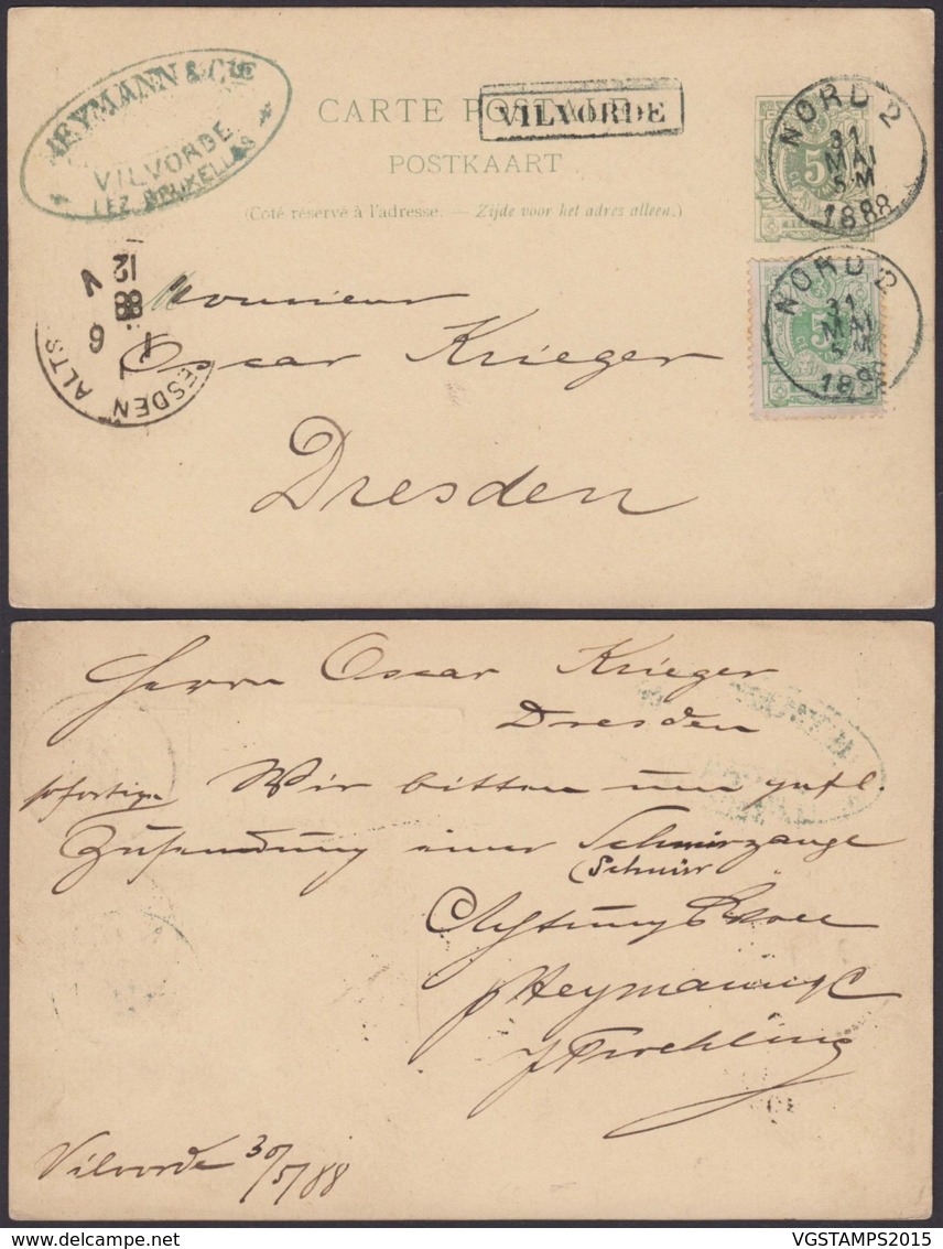 BELGIQUE EP 5c +COB 45 OBL AMBULANT "NORD 2" 31/05/1888 GRIFFE "VILVORDE"VERS ALLEMAGNE (DD) DC-4019 - Postcards 1871-1909