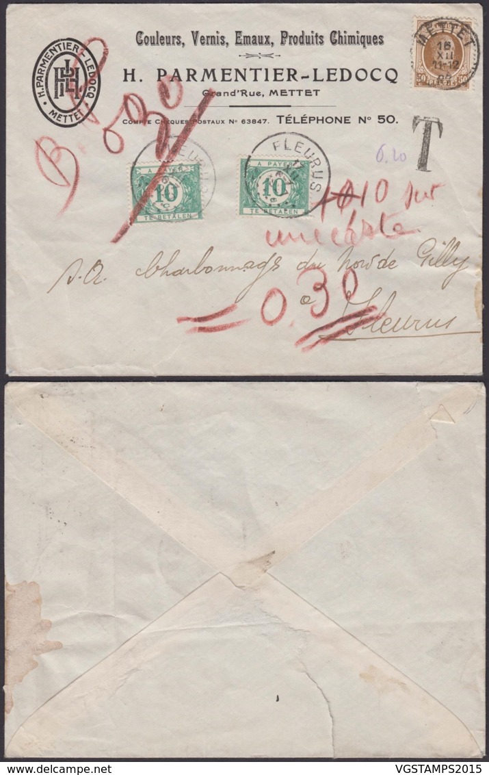 BELGIQUE COB 203 SUR LETTRE DE METTET 16/07/1927 VERS FLEURUS TAXE 2X10C (DD) DC-4026 - 1922-1927 Houyoux