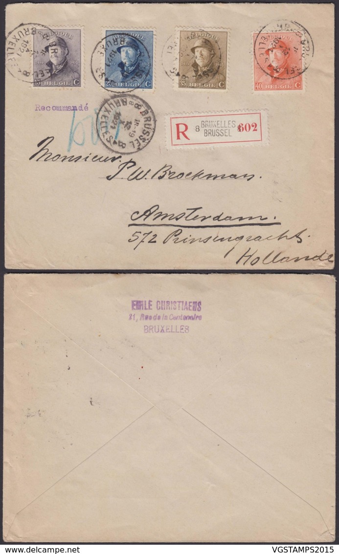 BELGIQUE COB 169+171+172+173 SUR LETTRE RECOMMANDE DE BRUXELLES 12/10/1921 VERS PAYS BAS (DD) DC-4029 - 1919-1920  Cascos De Trinchera