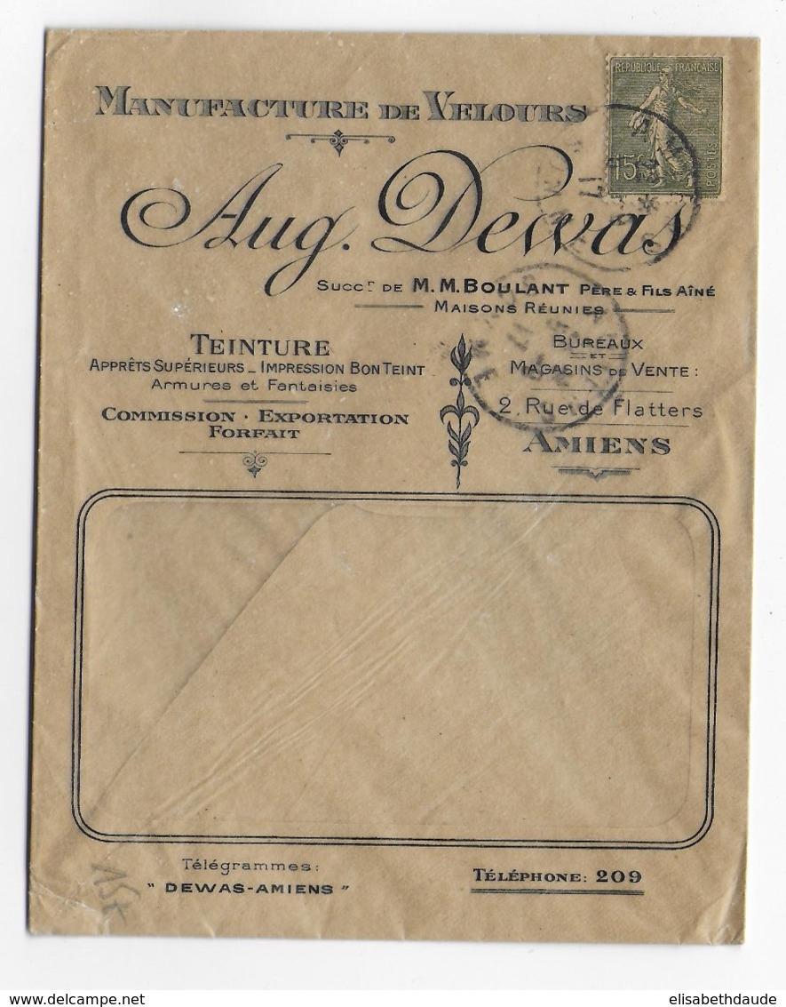 1917 - ENVELOPPE TRANSPARENTE PUB DECOREE (DEWAS) à AMIENS (SOMME) - 1877-1920: Periodo Semi Moderno