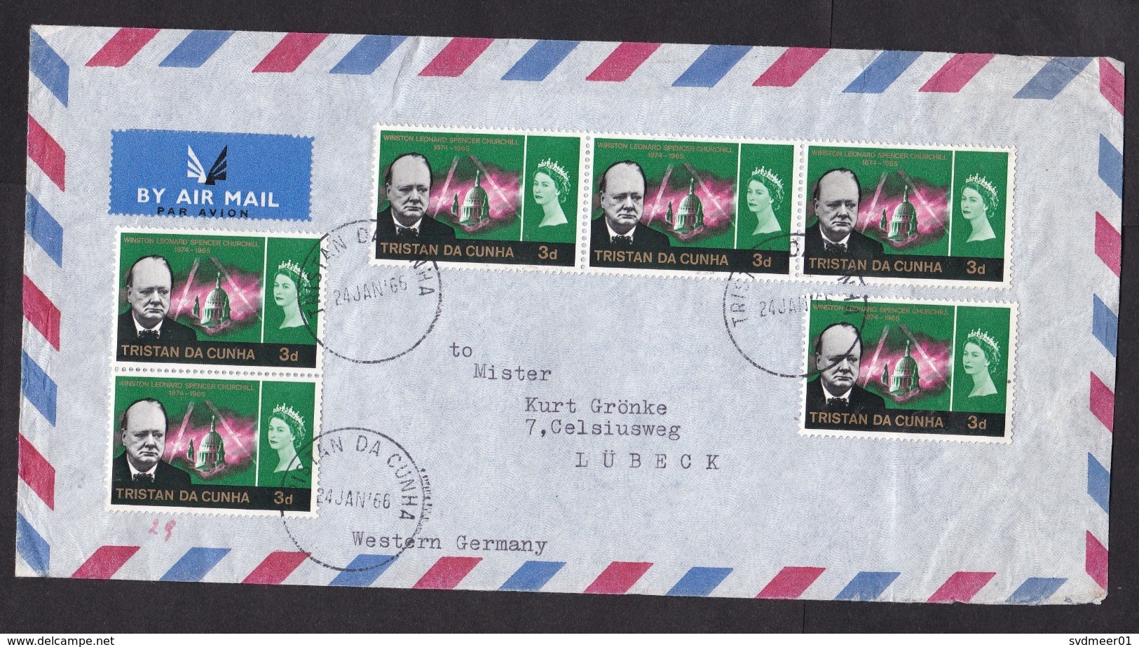 Tristan Da Cunha: Airmail Cover To Germany, 1966, 6 Stamps, Churchill, War, Rare Real Use (minor Creases) - Tristan Da Cunha