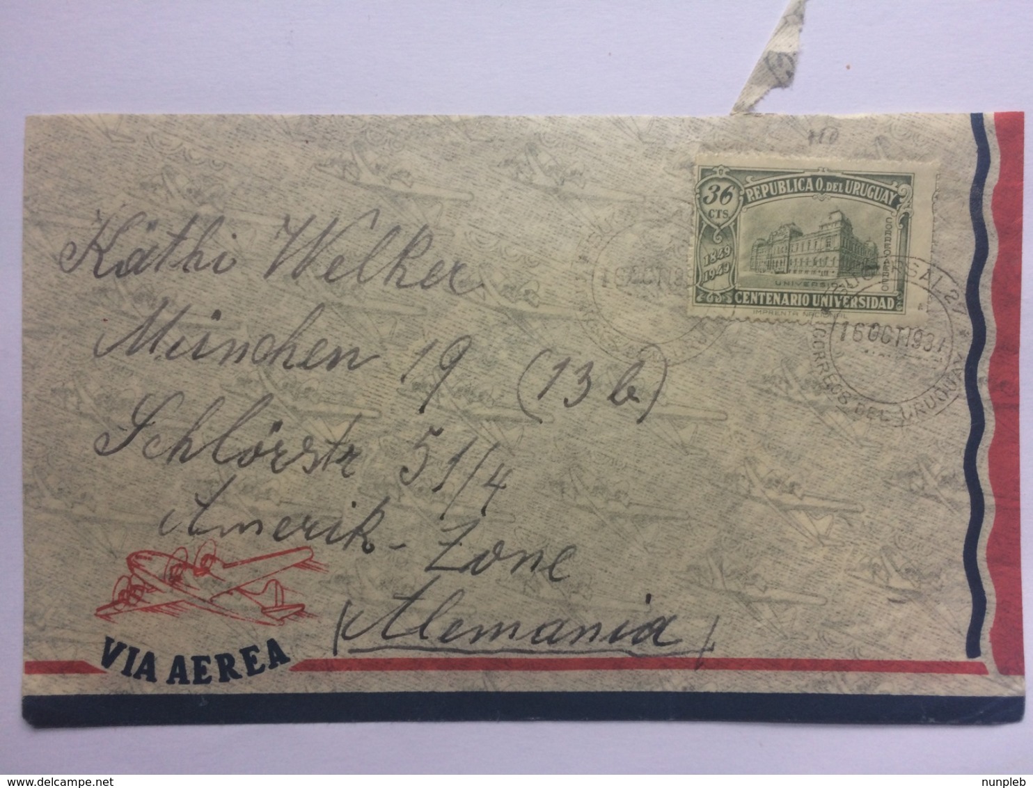 URUGUAY 1937 Air Mail Cover Sucursal To Germany - Uruguay