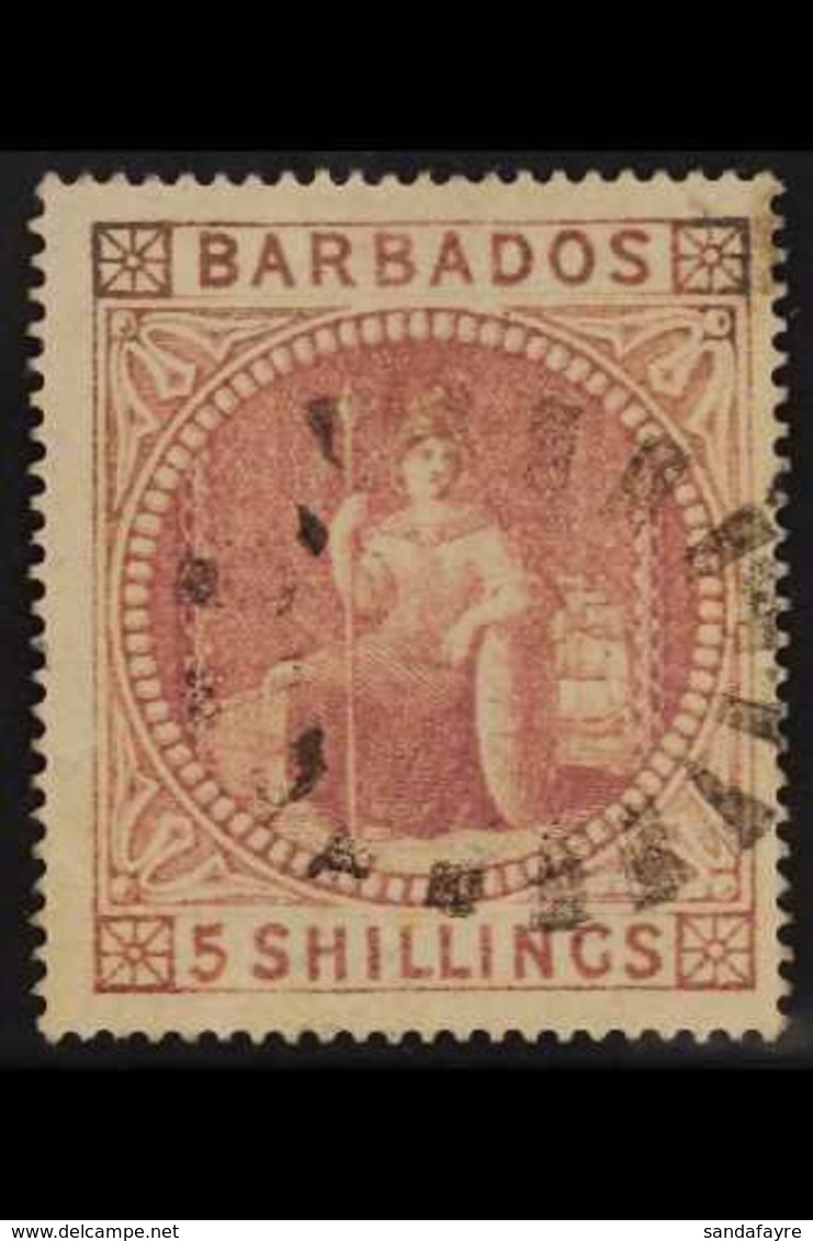 1873 5s Dull Rose, Wmk Small Star, SG 64, Used Neat "boot-heel" Cancel, Imperceptible Corner Crease At Bottom Left, Cat. - Barbades (...-1966)