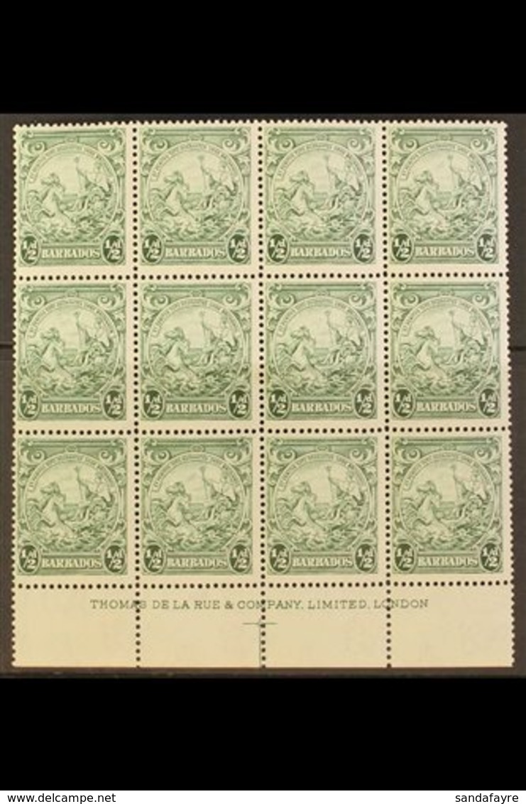 1938 ½d Green Badge Of The Colony, Lower Marginal Imprint Block Of Twelve, Position 10/6 Showing Recut Line, SG 248a, Fi - Barbades (...-1966)