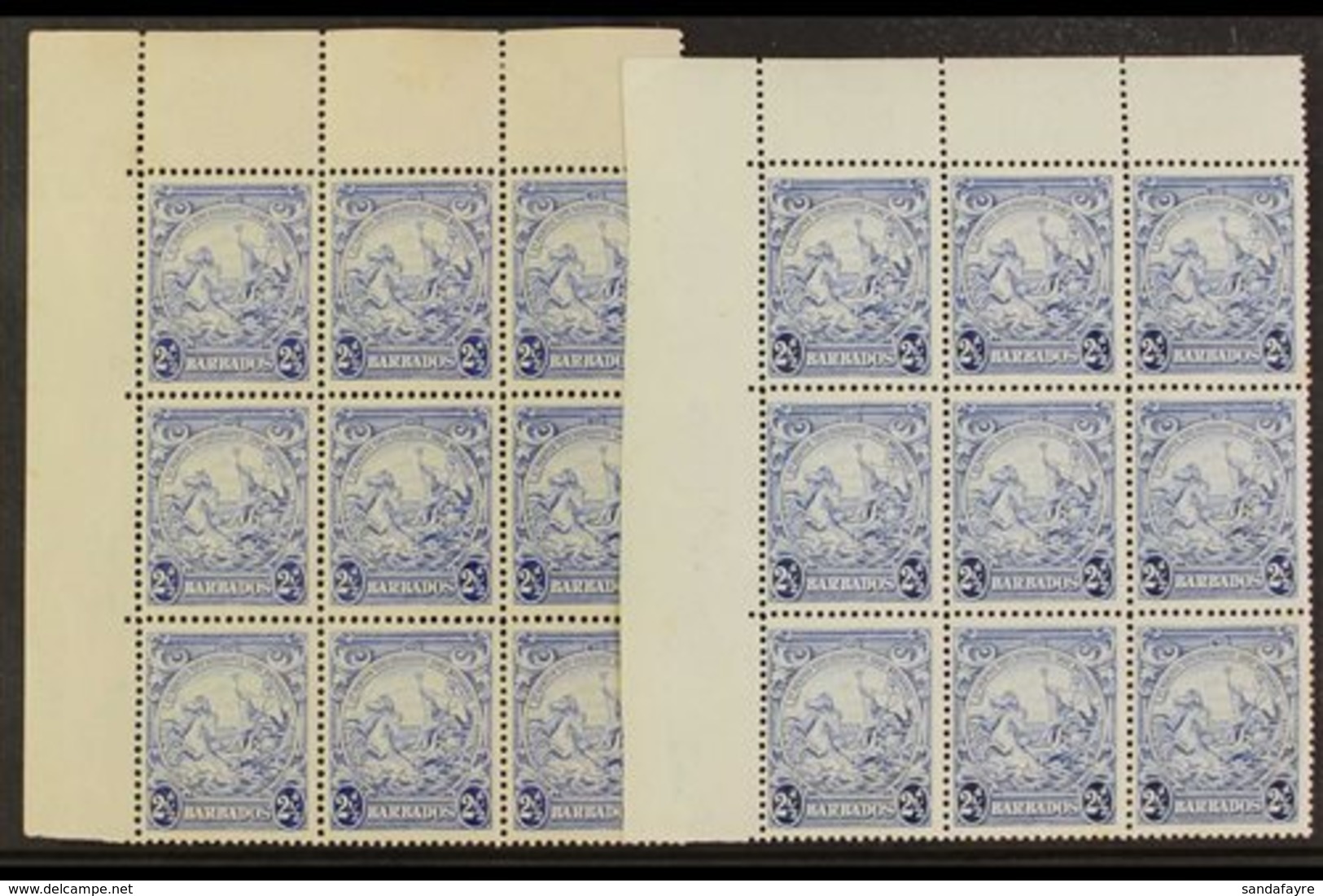 1938-44 2½d Ultramarine And 2½d Blue Badge Of The Colony, Matching Upper Left Corner Blocks Of Nine, Each Showing Mark O - Barbados (...-1966)