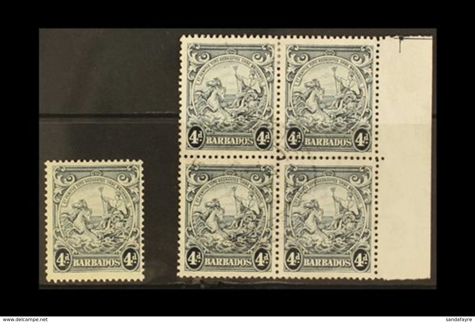 1938-44 4d Black Badge Of The Colony, Shading Omitted At Base (MP 11e), Perf. 13½ X 13 Mint, And Within A Positional Fin - Barbades (...-1966)