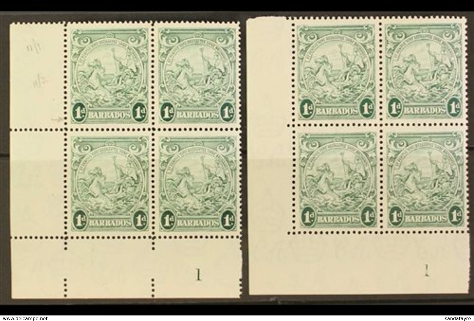 1942 1d Green Badge Of The Colony, The Two Perfs SG 249b And 249bc, In Matching Lower Left Corner Plate Number Blocks Of - Barbados (...-1966)