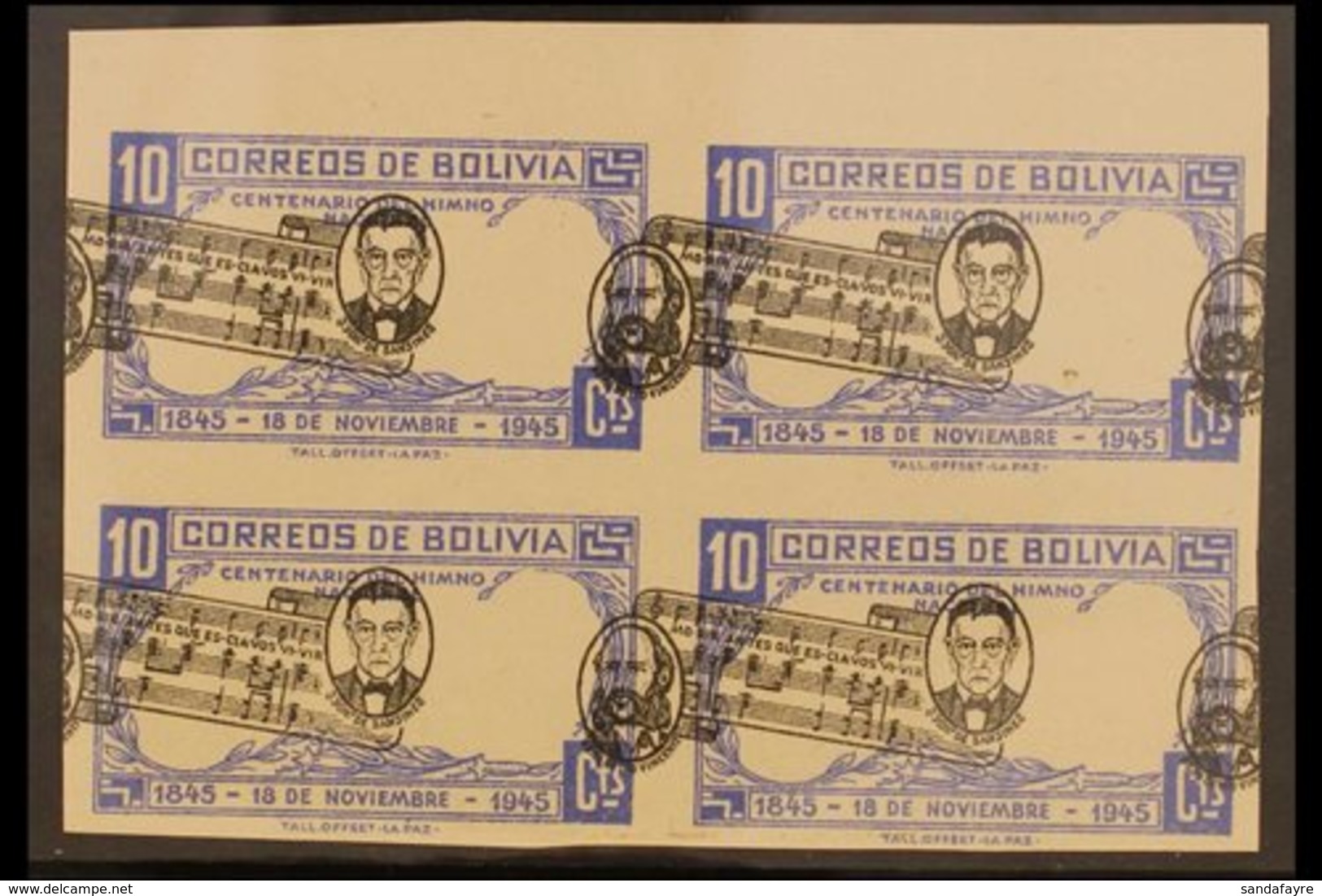 1946 10c Black & Ultramarine National Anthem (Scott 309, SG 446), Never Hinged Mint Marginal IMPERF BLOCK Of 4 With Dram - Bolivia