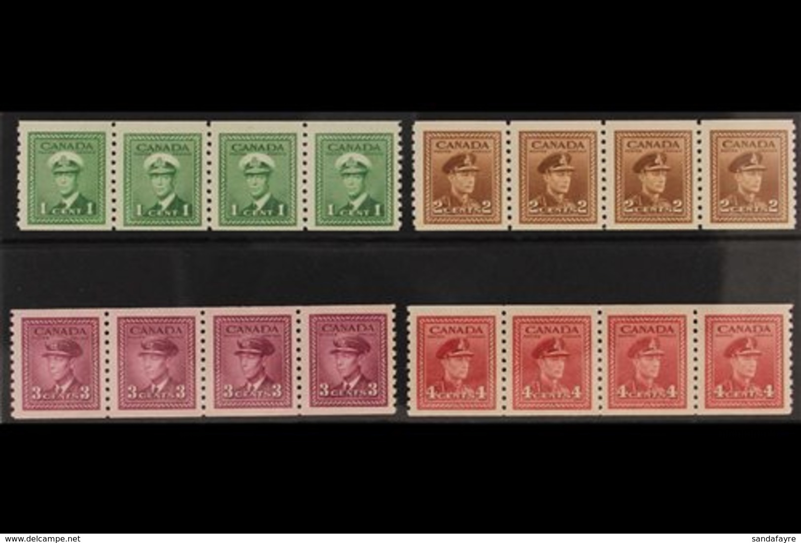 1948 NHM COIL STRIP SET 1c Green, 2c Brown, 3c Purple & 4c Carmine-lake War Effort Coil Strips Of 4, Imperf X Perf 9½, U - Other & Unclassified