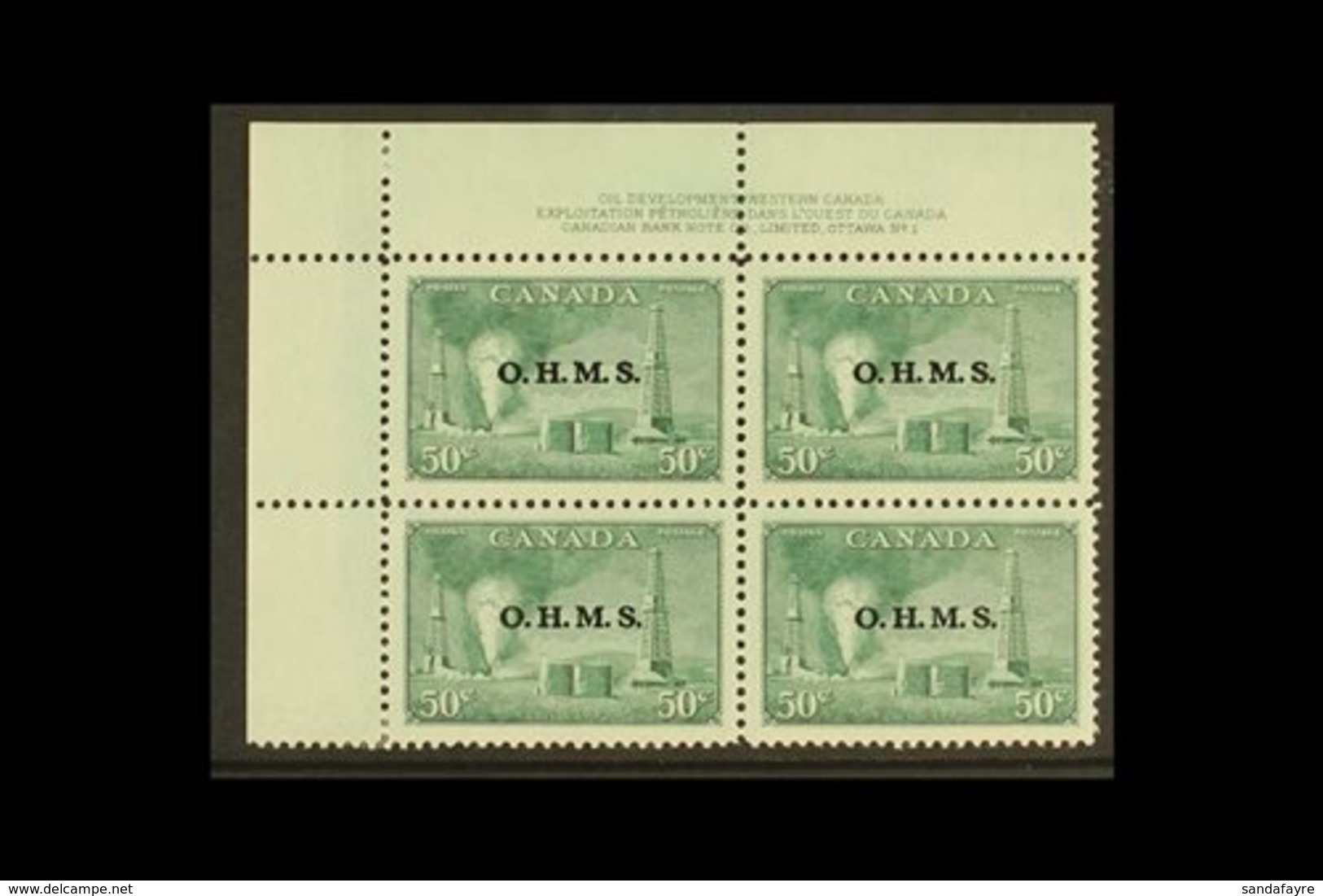 OFFICIAL 1949-50 50c Green Oil Wells With "O.H.M.S." Overprint, SG O177, Top Left Hand Plate Block Of Four With Control  - Altri & Non Classificati