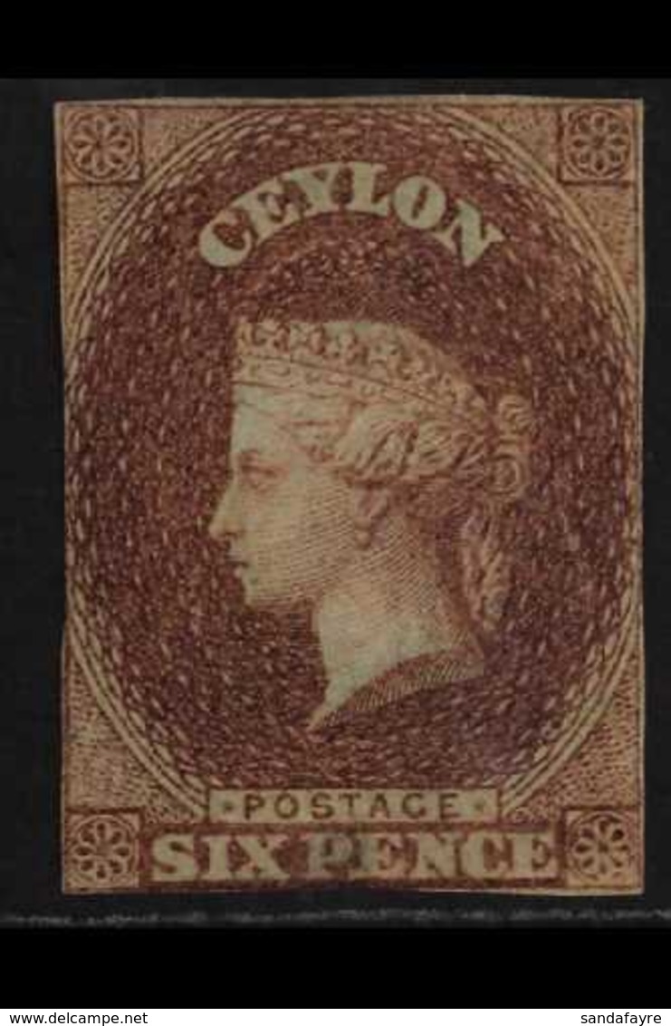 1857 6d Purple-brown On Blued Paper, SG 1, Unused No Gum, Margins Mostly Just Brushing The Frame Lines, Small Thin, Very - Ceylan (...-1947)