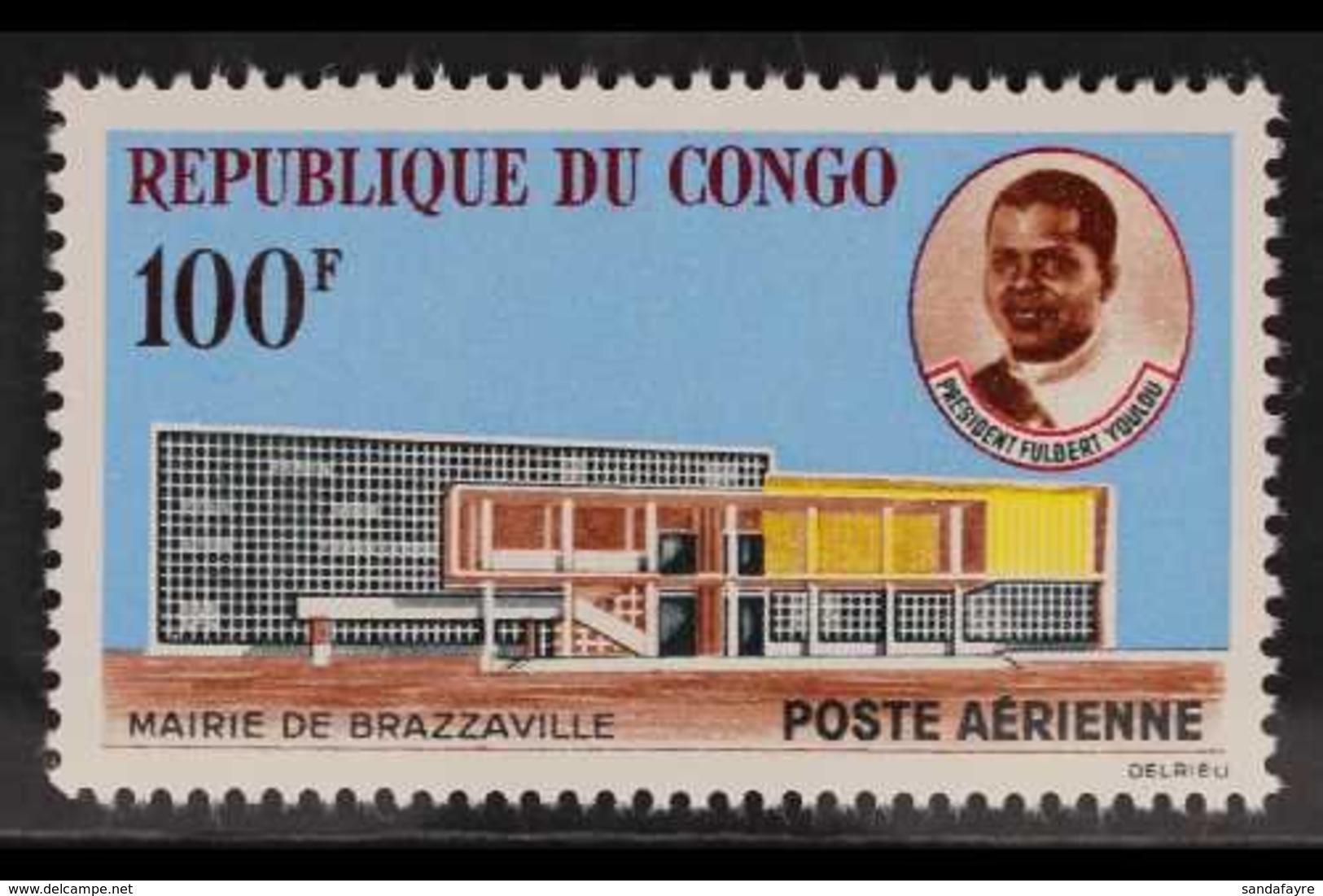 1963 100f Air Brazzaville Town Hall (Yvert 11, SG 27), Never Hinged Mint, Fresh & Scarce. For More Images, Please Visit  - Sonstige & Ohne Zuordnung