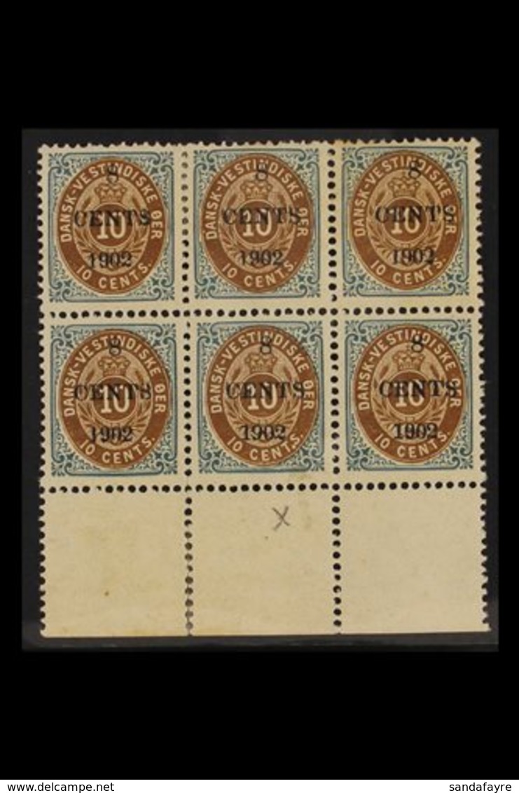 1902 8c On 10c Bistre-brown And Blue, SG 44, Mint Lower Marginal Block Of Six, One Stamp Showing "2" Of "1902" With Stra - Dänisch-Westindien