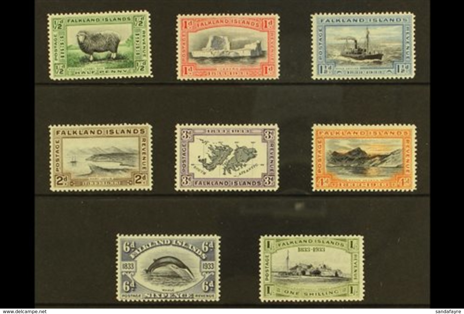 1933 Centenary Set Complete To 1s, SG 127/134, Fine Mint. (8 Stamps) For More Images, Please Visit Http://www.sandafayre - Falkland