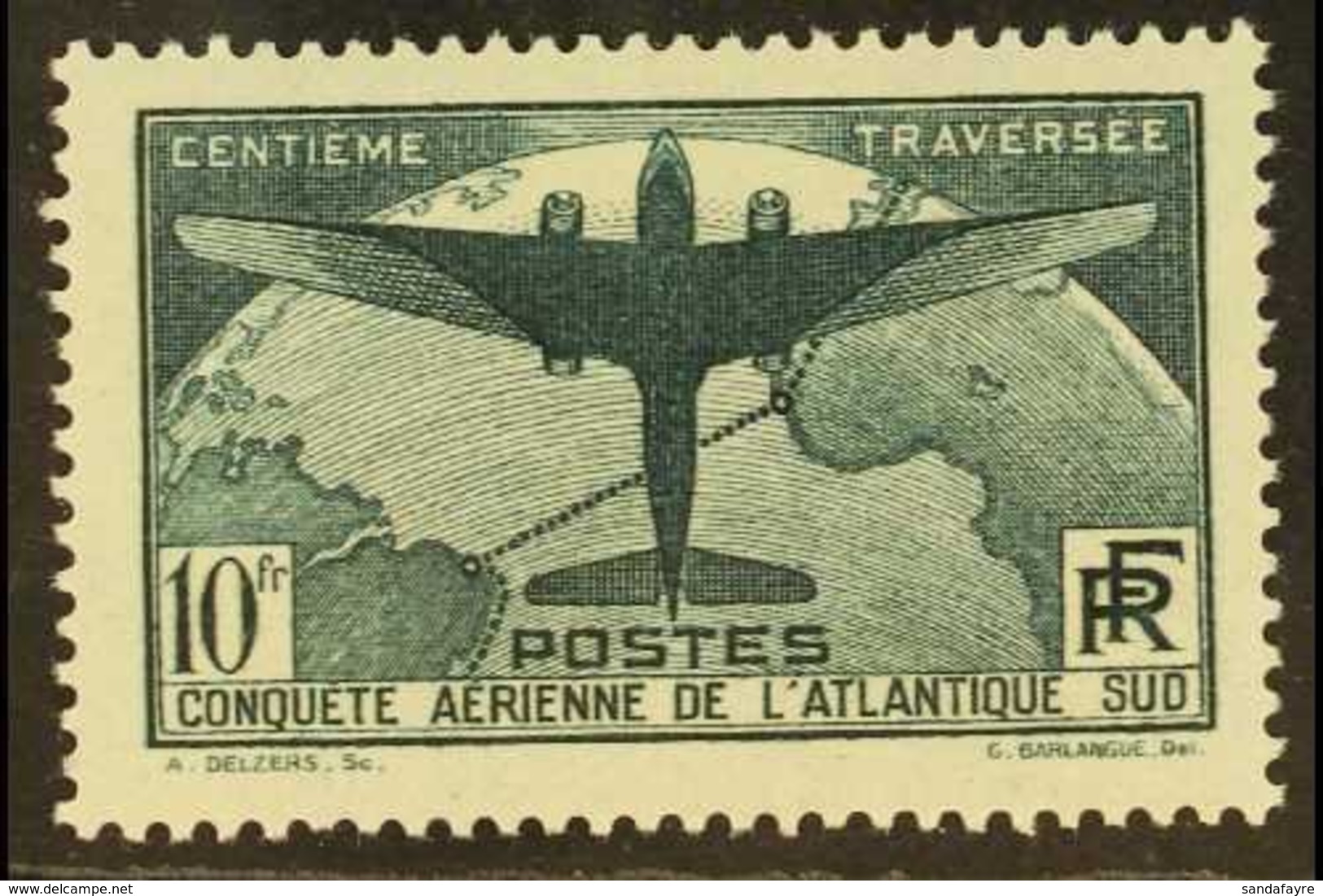 1936 10fr Myrtle-green South Atlantic Flight, SG 554 Or Yvert 321, Fine Mint. For More Images, Please Visit Http://www.s - Sonstige & Ohne Zuordnung