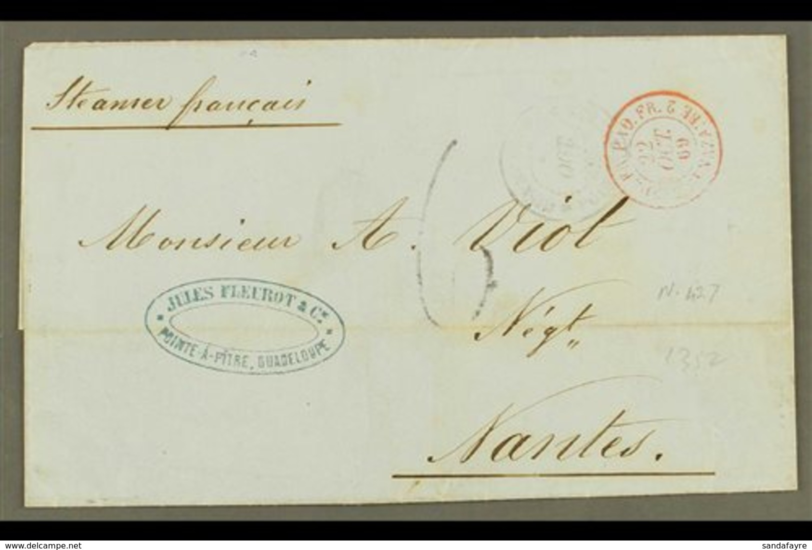 GUADELOUPE 1869 (5 Oct) Entire Addressed To France, Endorsed 'Steamer Francais', Bearing "Pointe A Pitre, Guadeloupe" &  - Sonstige & Ohne Zuordnung