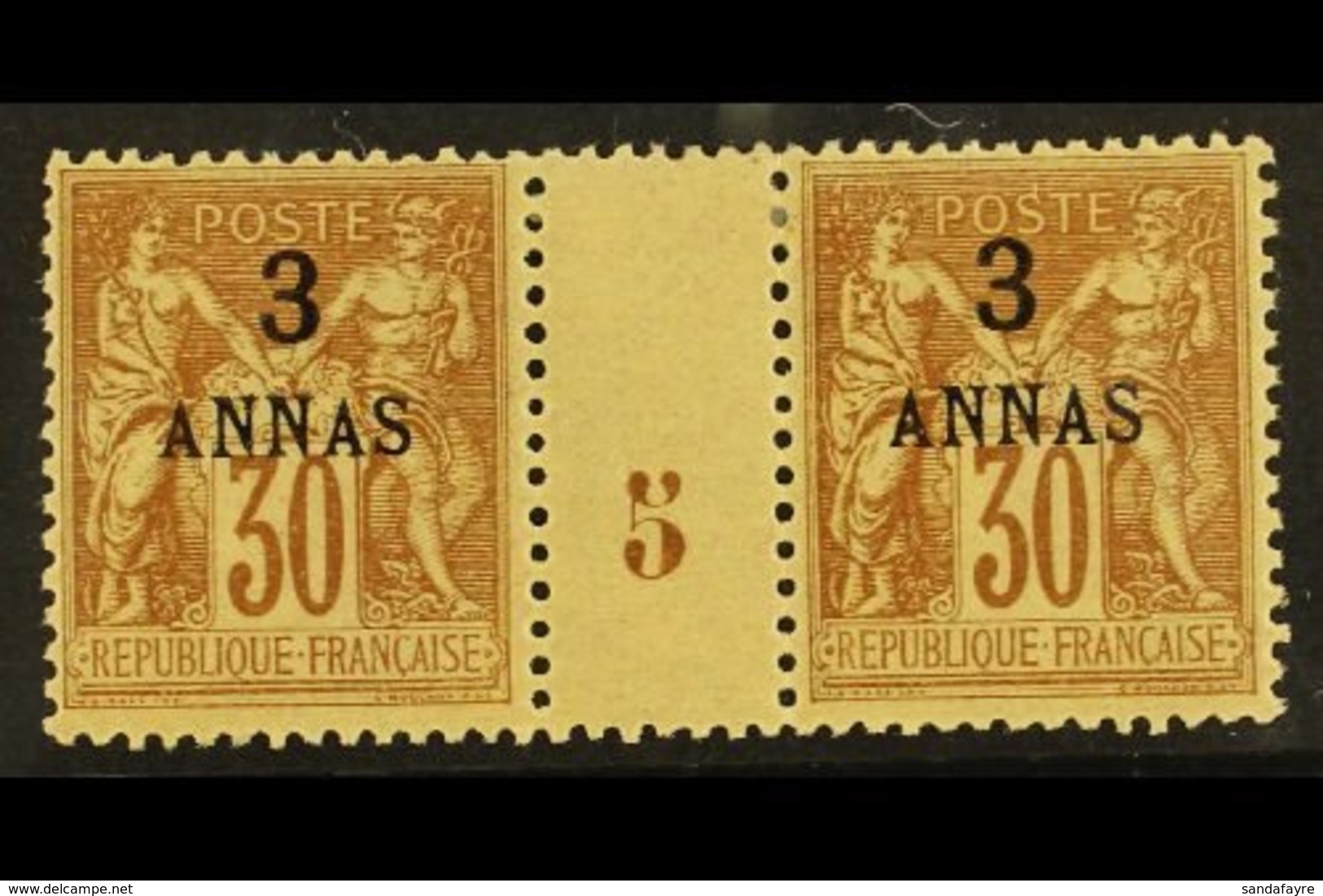 ZANZIBAR 1894-96 3a On 30c Brown (1895) MILLESIME (Number 5) PAIR, Yvert 6, Very Fine Lightly Hinged Mint For More Image - Other & Unclassified
