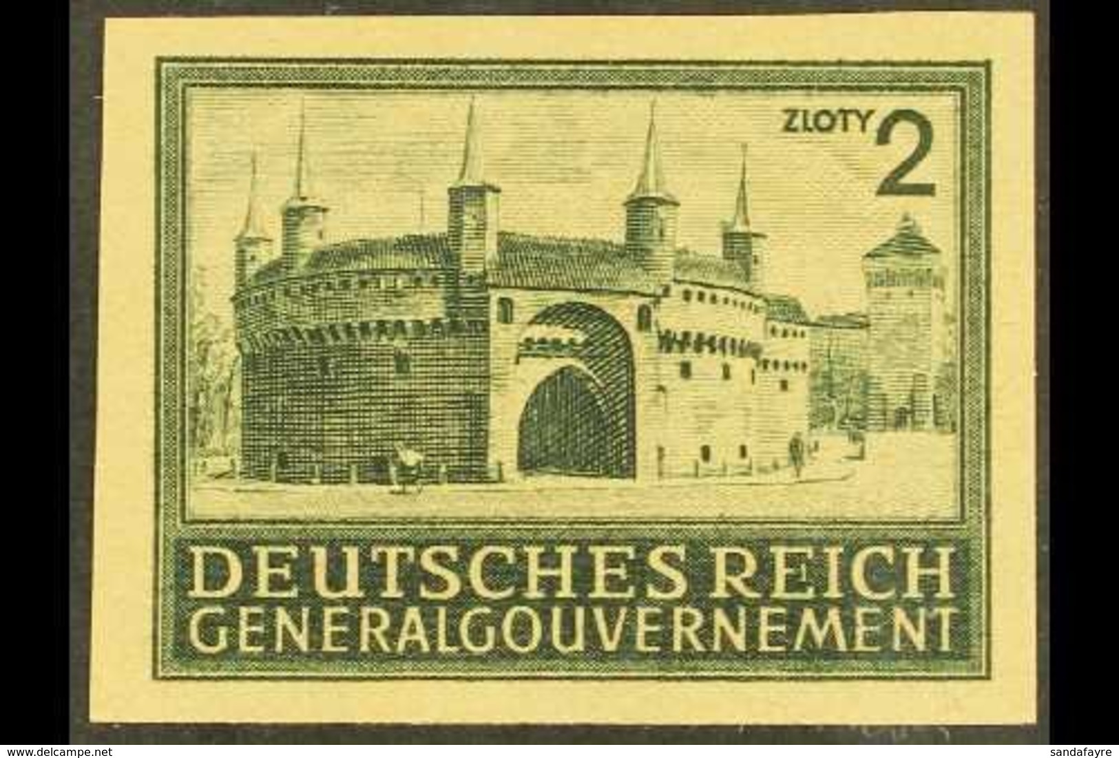 POLAND - GENERAL GOVERNMENT 1940 2zt Blackish Grey-green Barbican IMPERF PROOF On Yellowish Ungummed Paper, Michel 113P3 - Otros & Sin Clasificación