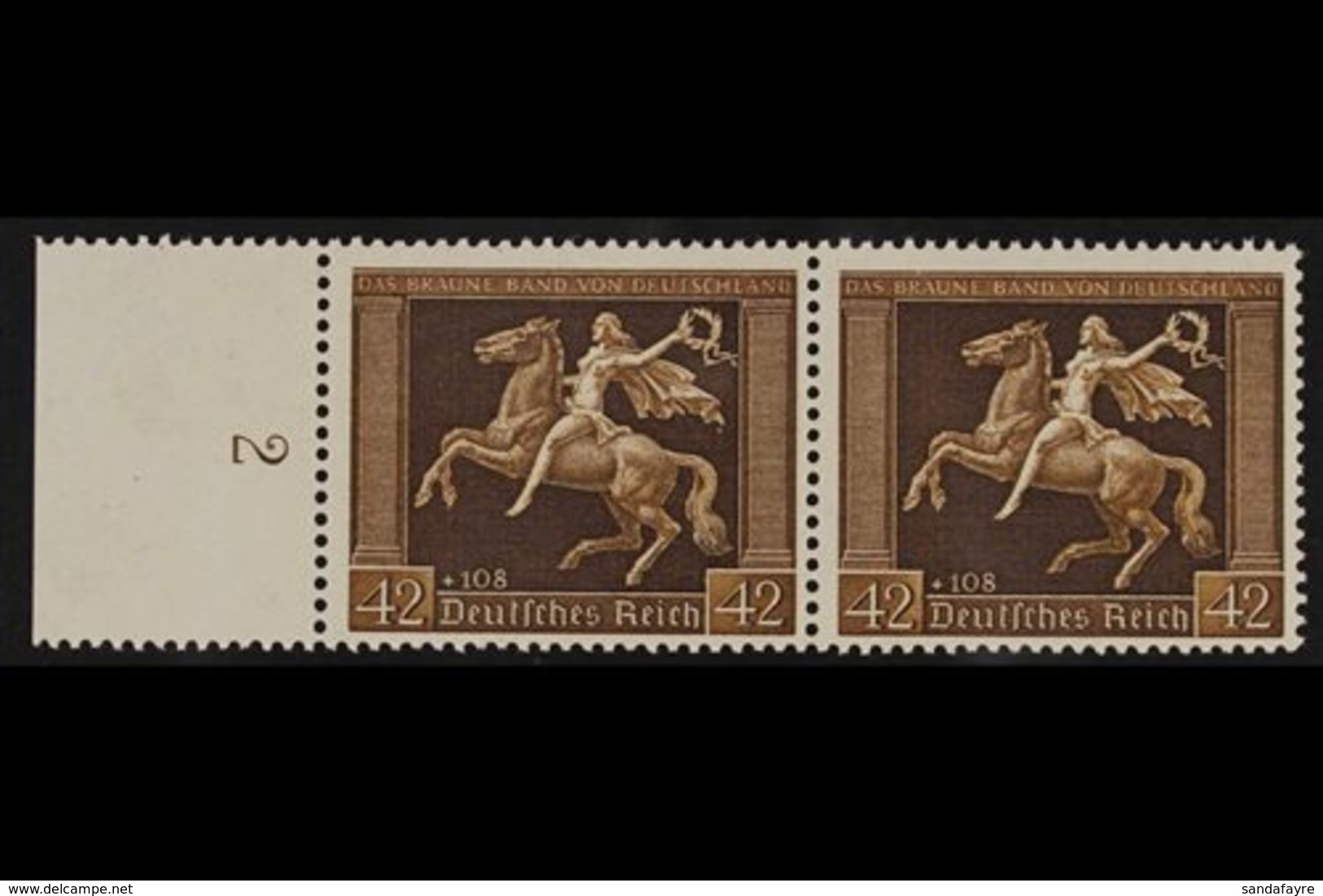 1938 42pf Brown Ribbon (Michel 671y, SG 659), Left Marginal HORIZONTAL PAIR, Very Fine Never Hinged Mint. For More Image - Sonstige & Ohne Zuordnung