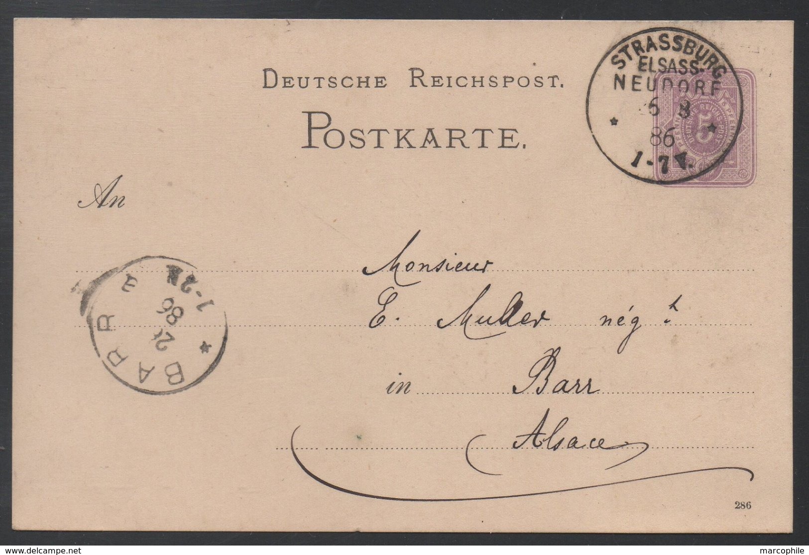 STRASBOURG - NEUDORF - ELSASS - ALSACE / 1886 OBLITERATION SUR ENTIER POSTAL POUR BARR / COTE 40 €  (ref LE325) - Autres & Non Classés