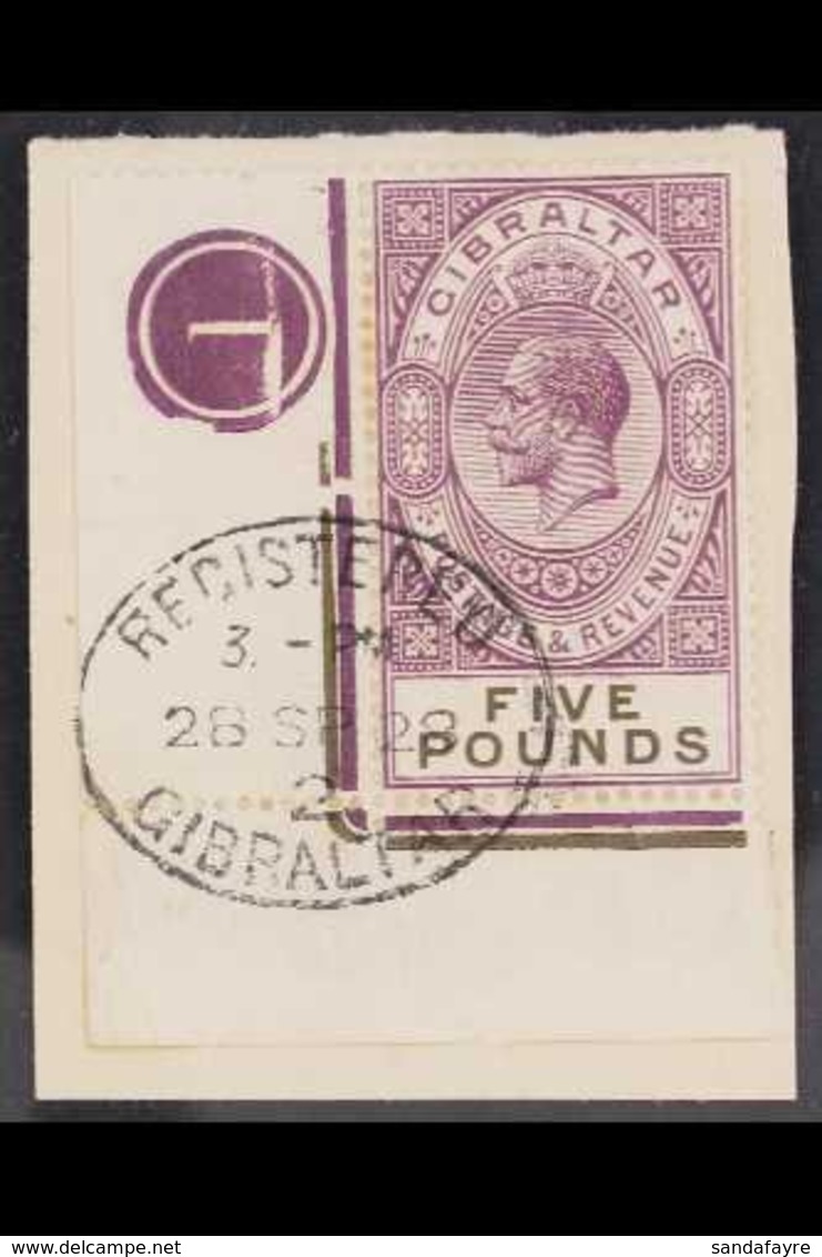 1925-32 £5 Violet And Black, SG 108, Superb Used Example From The Low-left Sheet Corner With Full Plate Number, Tied To  - Gibraltar