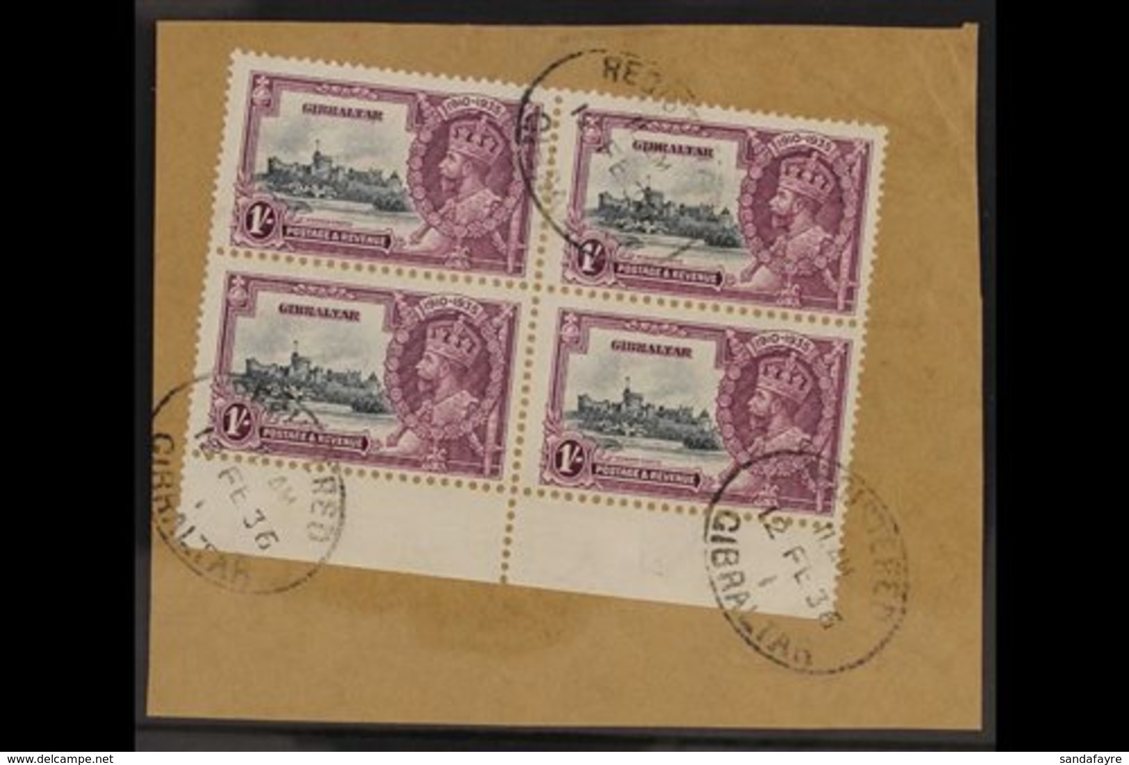 1935 SILVER JUBILEE VARIETY 1s Slate & Purple Marginal Block Of 4 Tied To A Small Piece Bearing The "EXTRA FLAGSTAFF" Va - Gibraltar