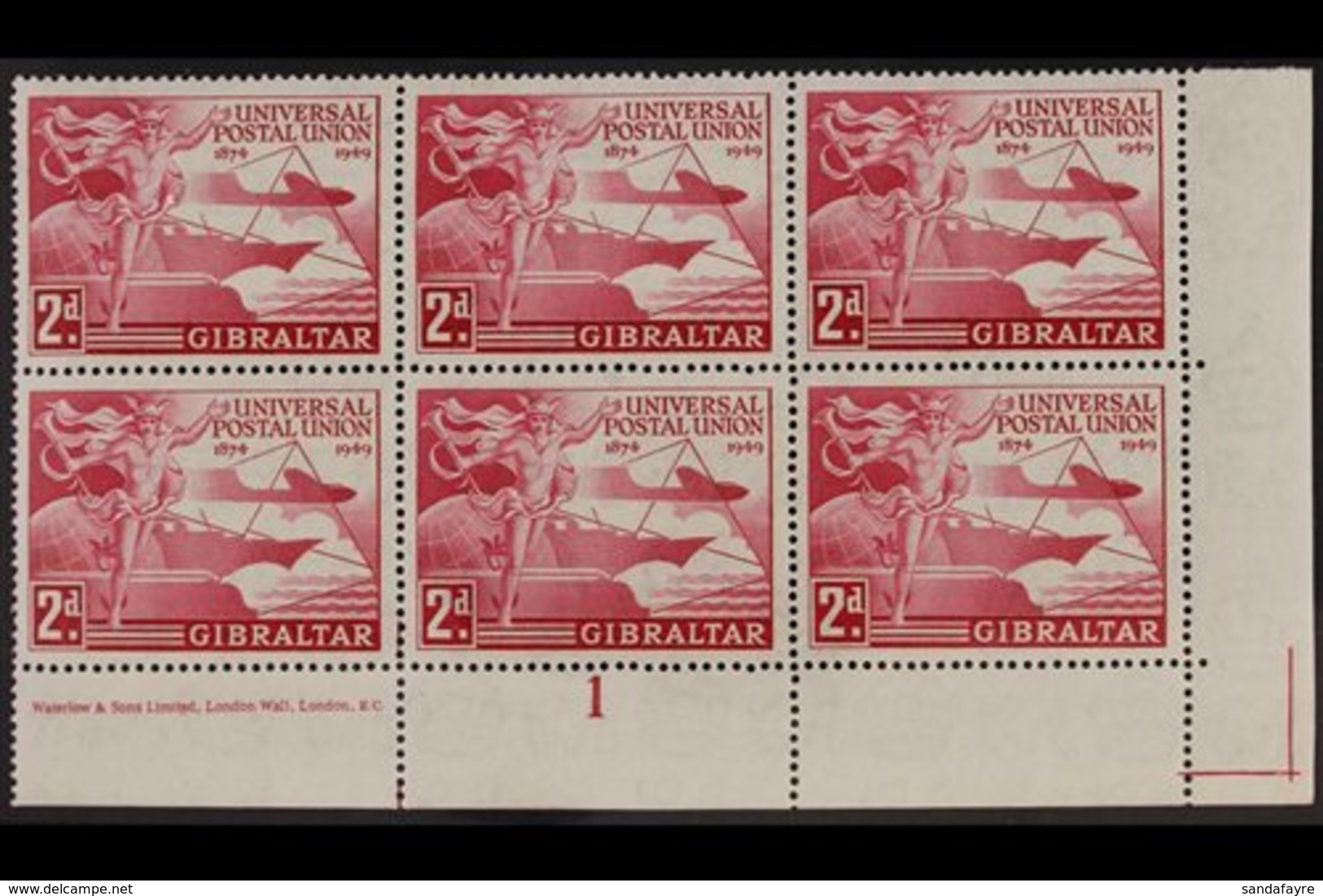 1949 UPU VARIETY - NEW DISCOVERY. 2d Carmine Universal Postal Union, SG 136, Superb Mint Lower Left Corner Plate 1 And I - Gibraltar