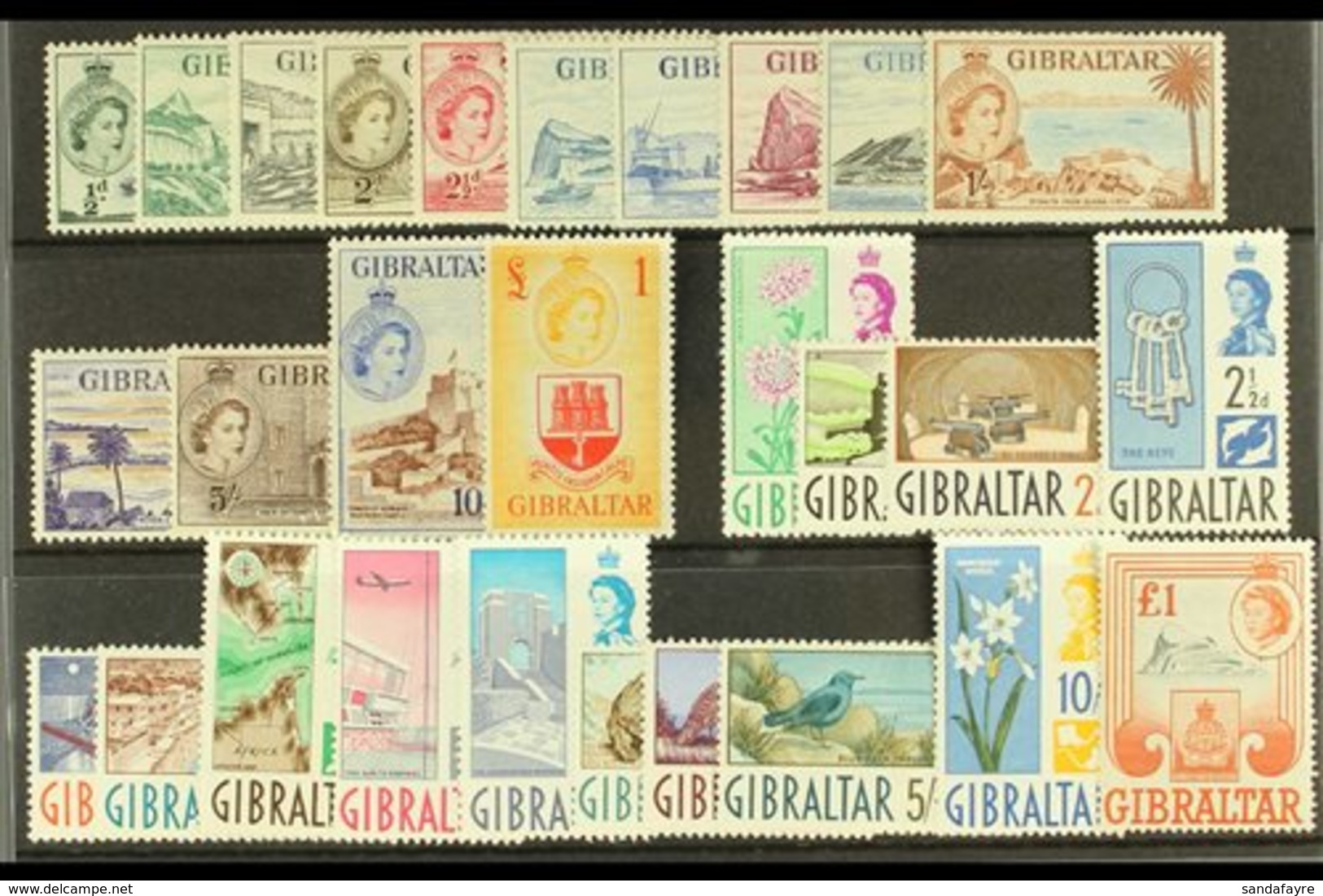 1953-62 DEFINITIVE SETS. A Stock Card Bearing The First Two Definitive Complete Sets, 1953-59 Set (SG 145/58) & 1960-62  - Gibraltar