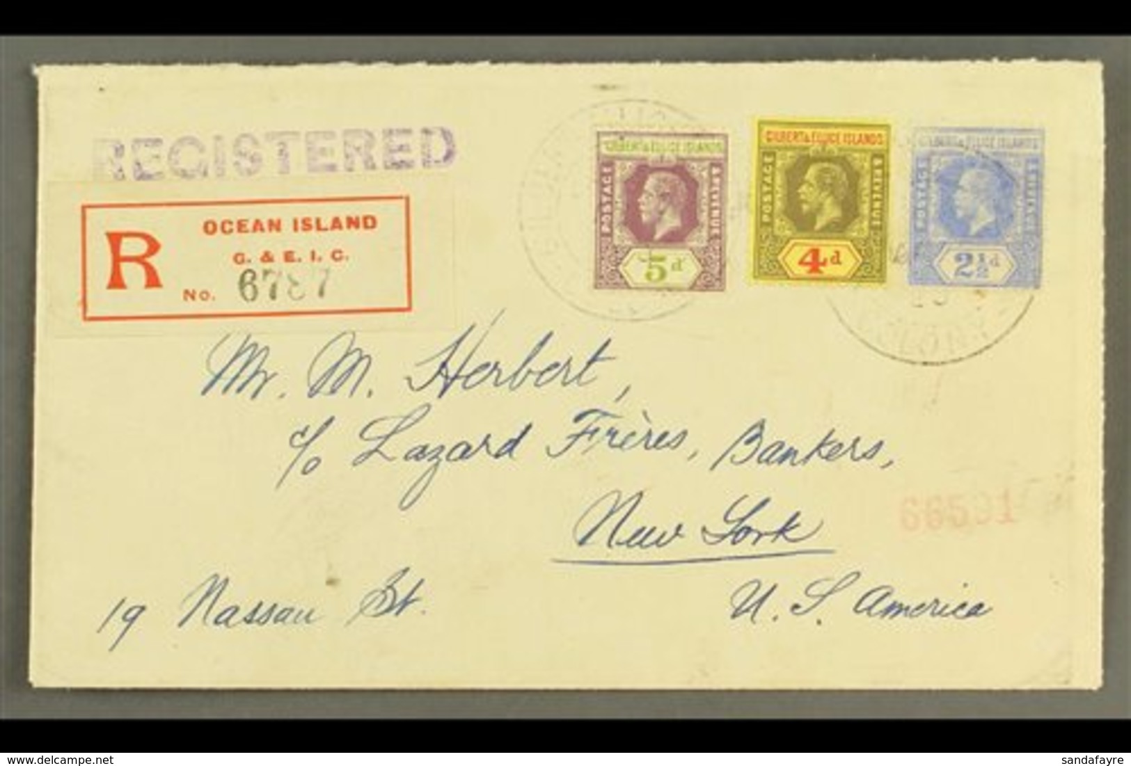 OCEAN ISLAND 1920 Registered Cover To USA, Bearing KGV 2½d, 4d & 5d, Cancelled With "G.P.O. Ocean Isld." Pmks And "Ocean - Gilbert- Und Ellice-Inseln (...-1979)