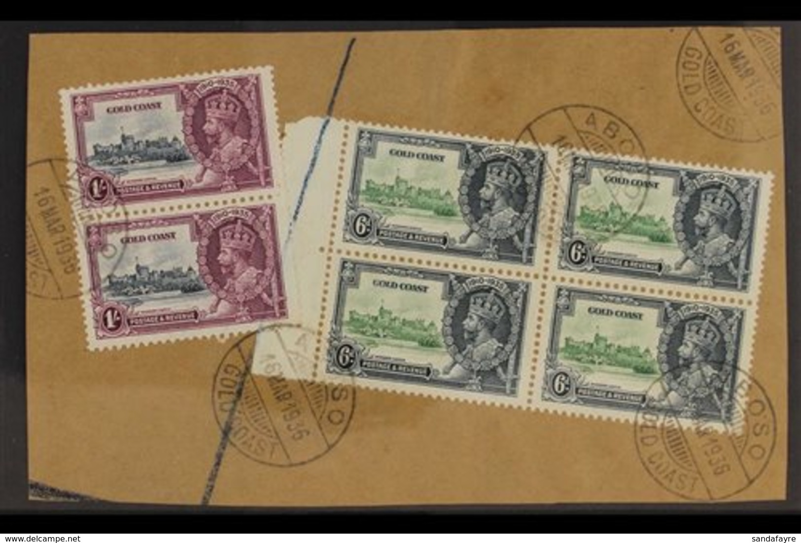 1935 SILVER JUBILEE VARIETY A Large "Registered" Piece Bearing A Marginal Block Of 4 X 6d Green & Indigo (SG 115) & A Ve - Goldküste (...-1957)