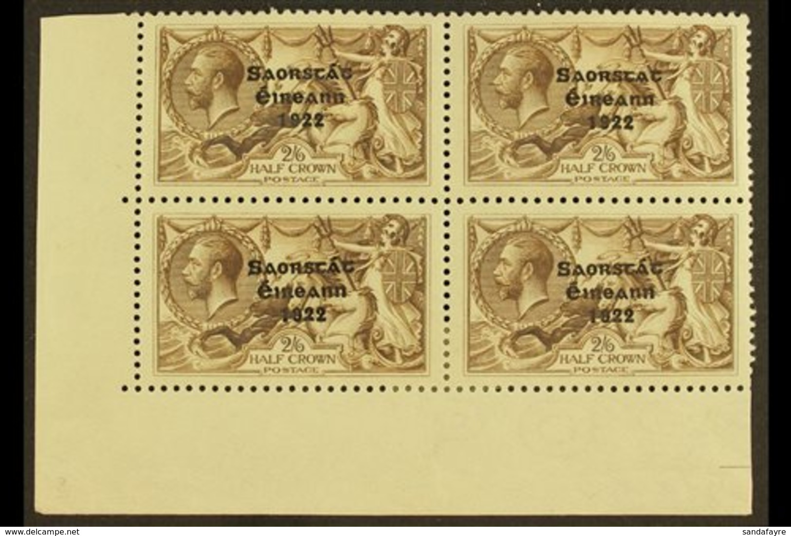 1922 2s 6d Chocolate Brown, Corner Marginal Block Of 4, Top Right Stamp Showing The Variety "No Accent", SG 64/64b, Very - Otros & Sin Clasificación