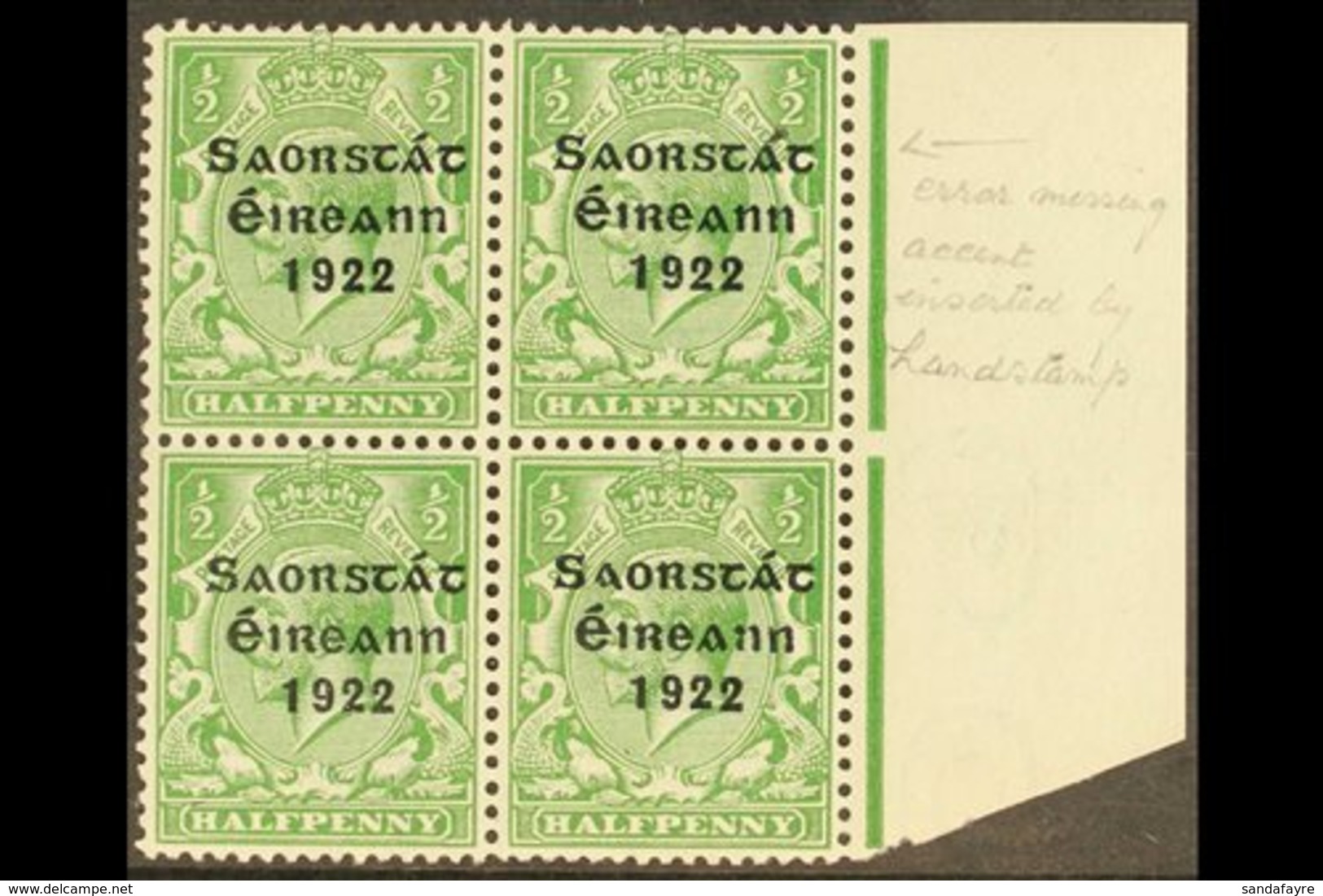 1922-23 ½d Green, Right Marginal Block Of Four, One Showing Accent Inserted By Hand, SG 52b, Very Fine Mint, The Variety - Autres & Non Classés